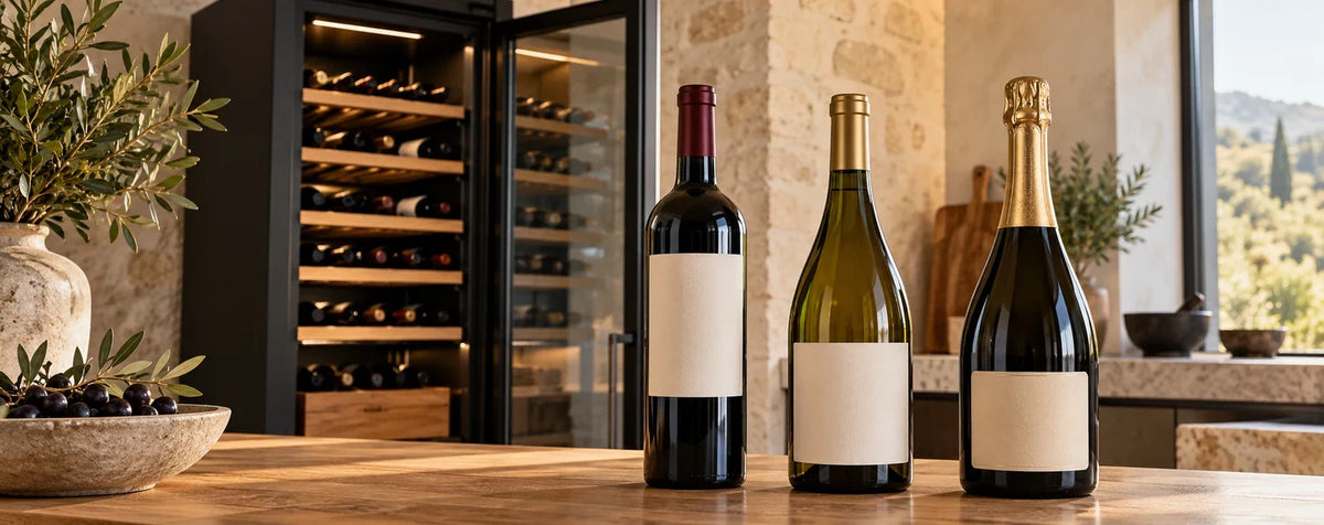 Garrafas com formatos bordalês, de Borgonha e de espumante diante de uma cave de vinho com prateleiras de madeira.