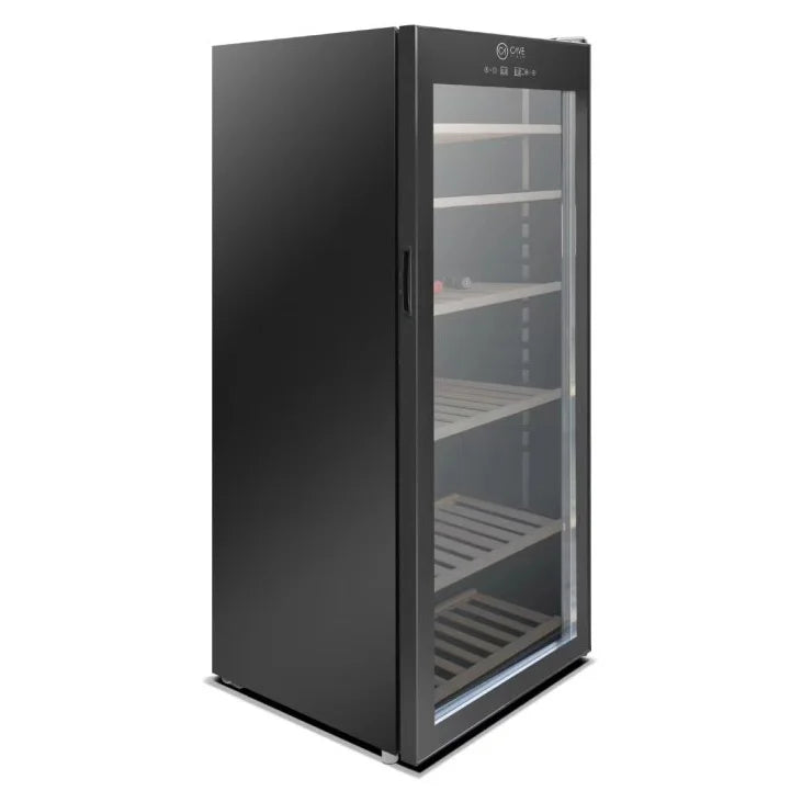 Detalhe da cave de vinho Cave Vinum CV-100-N com acabamento preto, porta de vidro e sistema antivibração.