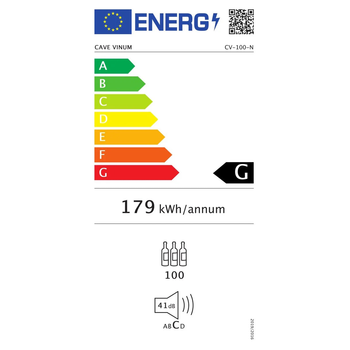 Etiqueta energética da cave de vinho Cave Vinum CV-100-N com classe G e consumo anual de 179 kWh.