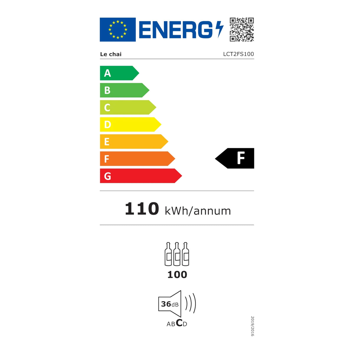 Etiqueta energética da cave de vinho Le Chai LCT2FS100, classe F.