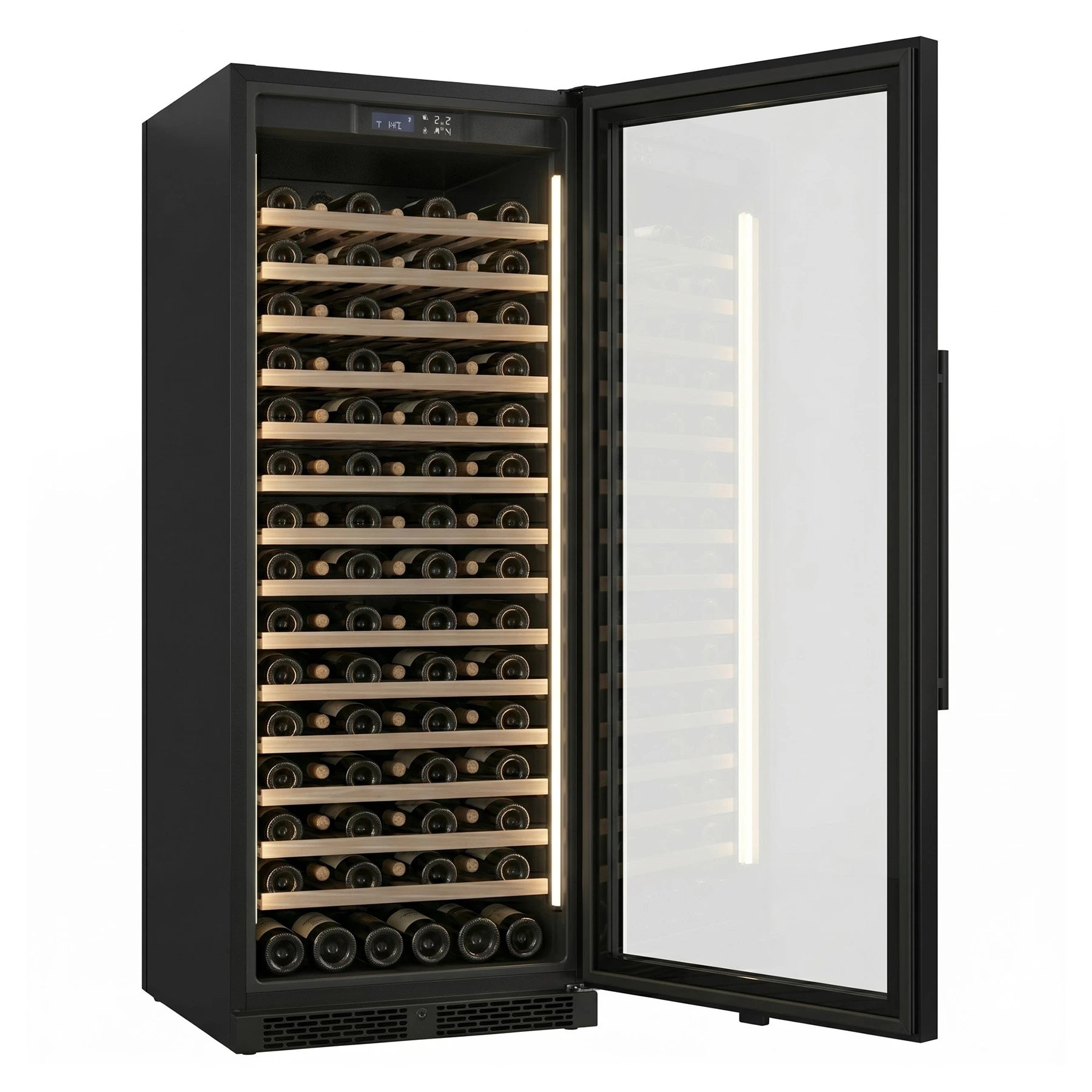 Cave de vinho ClimaVin Noir166 com a porta aberta, mostrando a iluminação LED vertical e as prateleiras carregadas