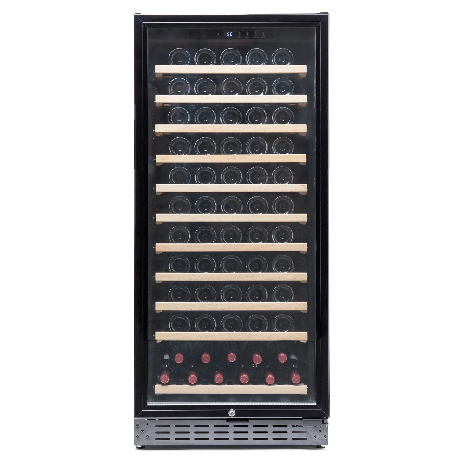 Cave de vinho 110 garrafas Vinobox V110 GC 1T Black em acabamento preto com porta de vidro.