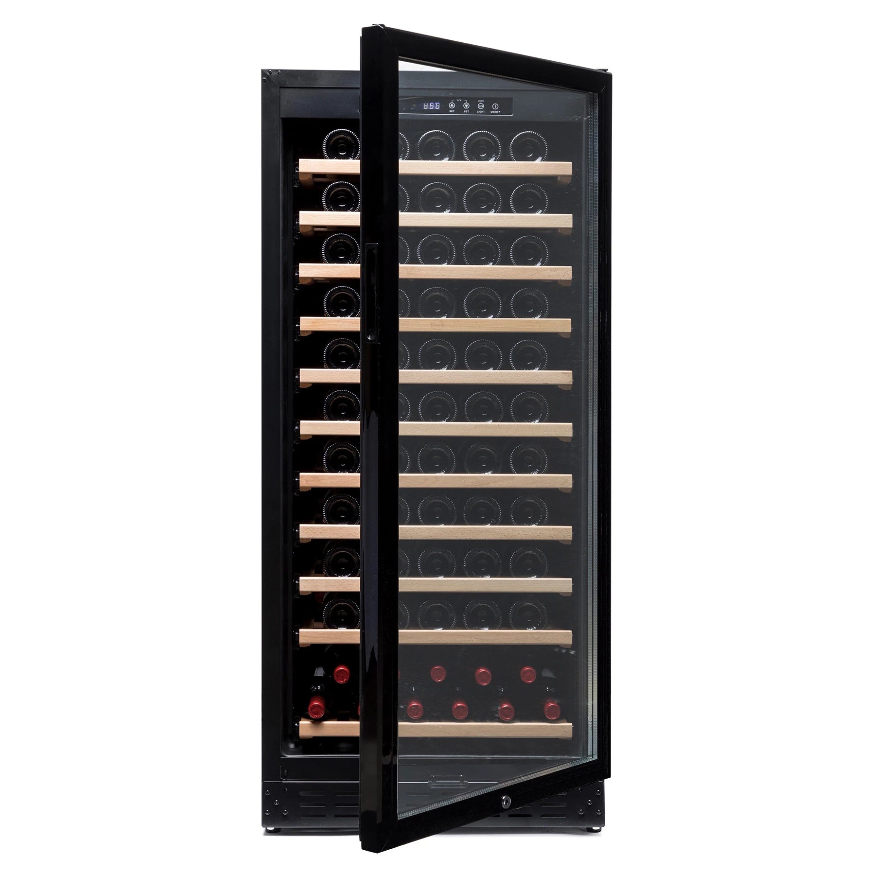 Cave de vinho Vinobox V110 GC 1T Black com 11 prateleiras de madeira removíveis.