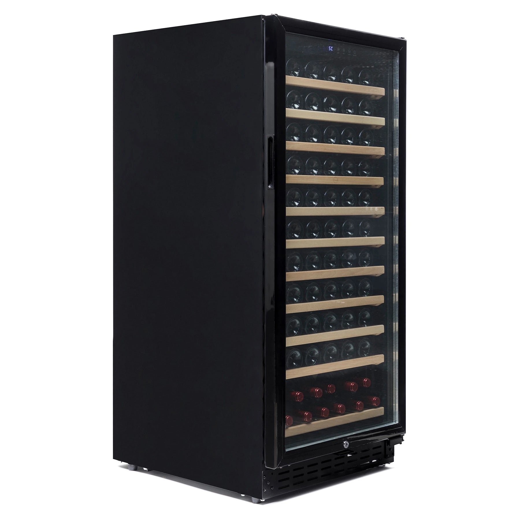 Interior da cave de vinho Vinobox V110 GC 1T Black com capacidade para 110 garrafas.