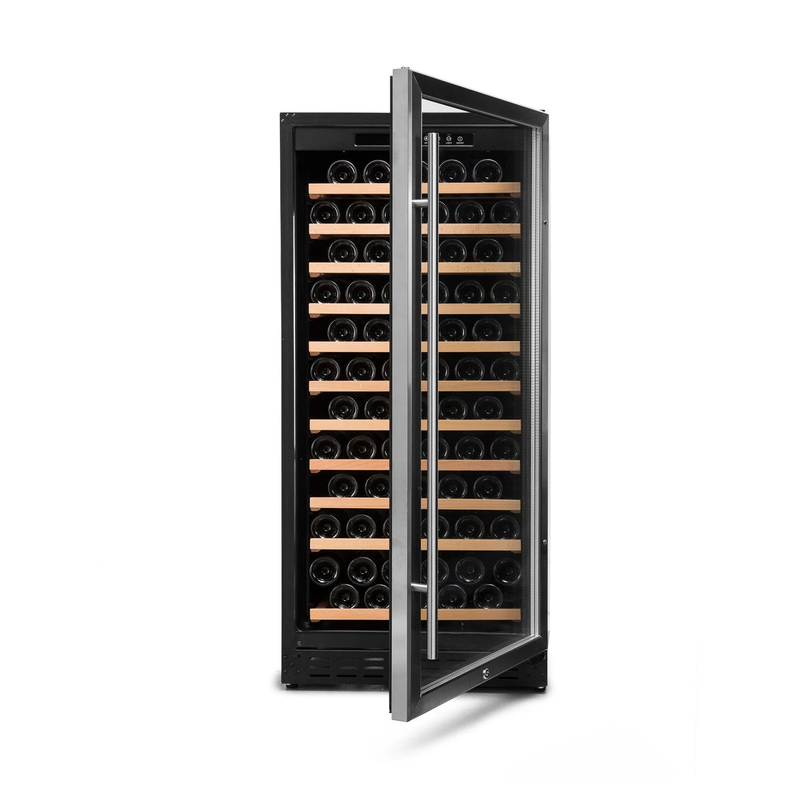 Cave de vinho Vinobox V110 GC 1T Inox com 11 prateleiras de madeira extraíveis.