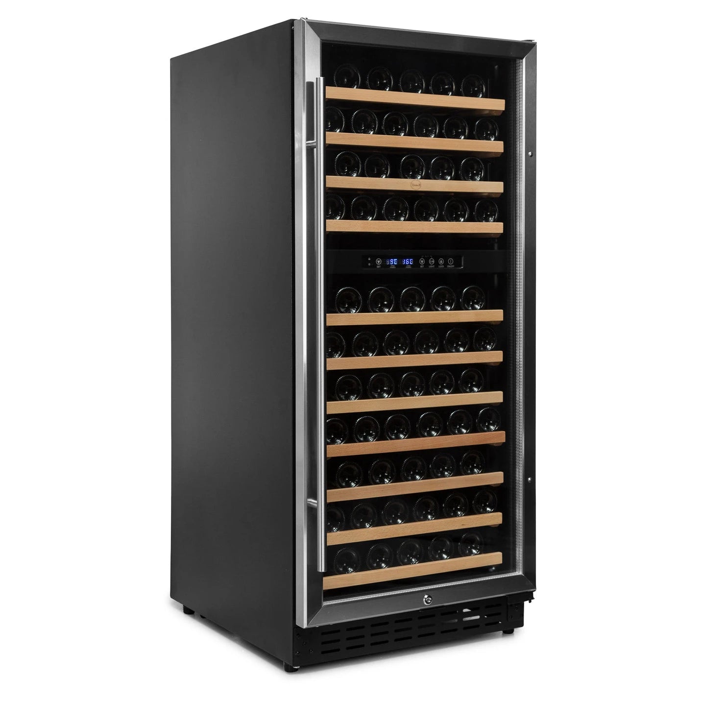 Interior da cave de vinho Vinobox V110 GC 2T Inox com 11 prateleiras de madeira extraíveis.