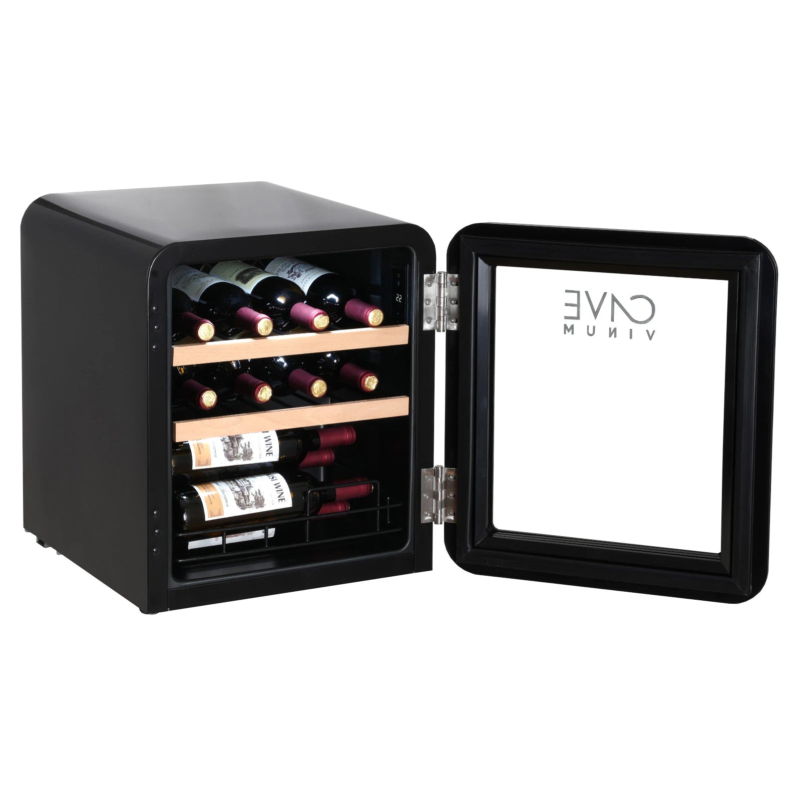 Cave de vinho Cave Vinum CV-15-R compacta com acabamento preto, vidro triplo e design retro arredondado.