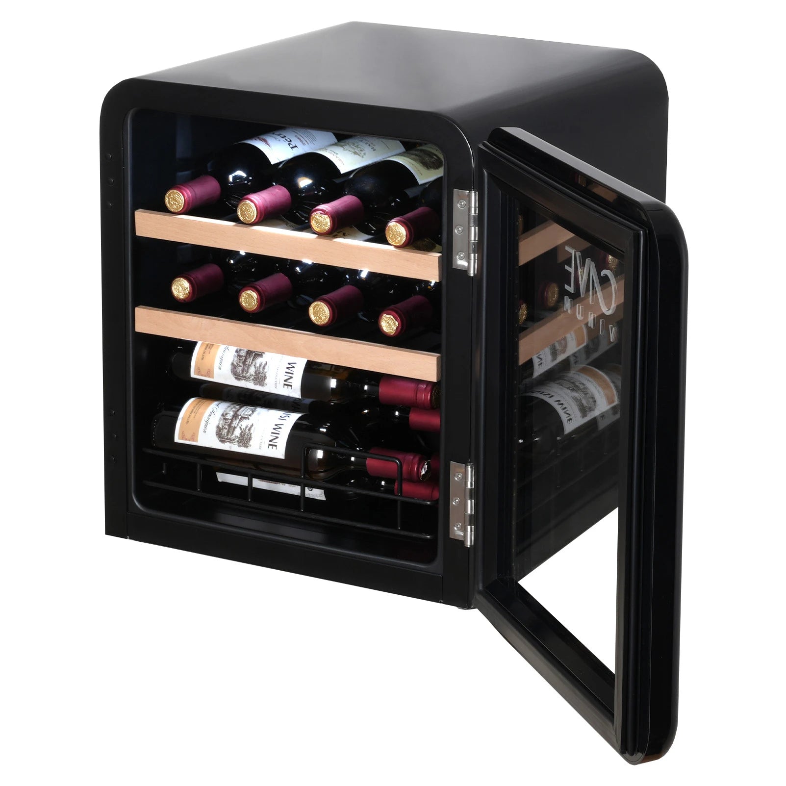 Detalhe da cave de vinho Cave Vinum CV-15-R com prateleiras de faia, luz interior e porta envidraçada.