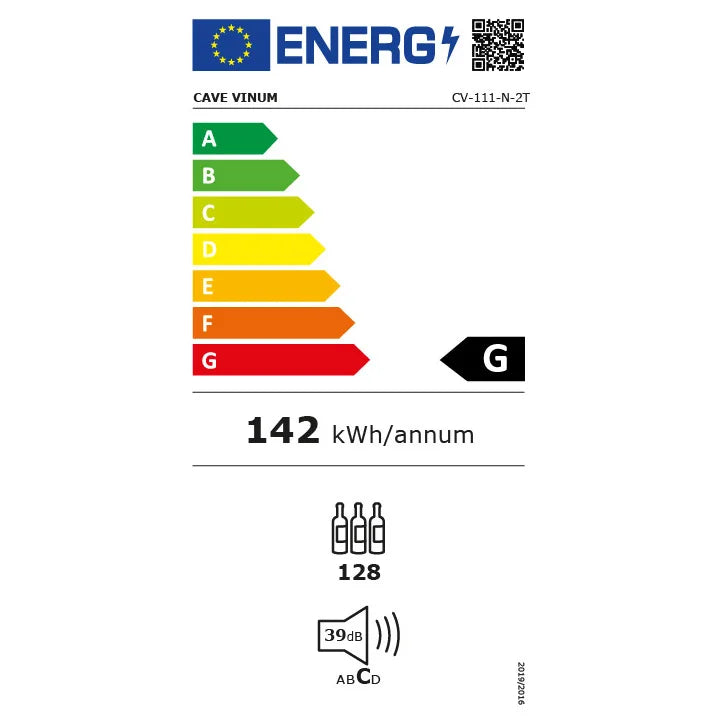 Etiqueta energética da cave de vinho Cave Vinum CV-111-N-2T com classe G e consumo anual de 142 kWh.