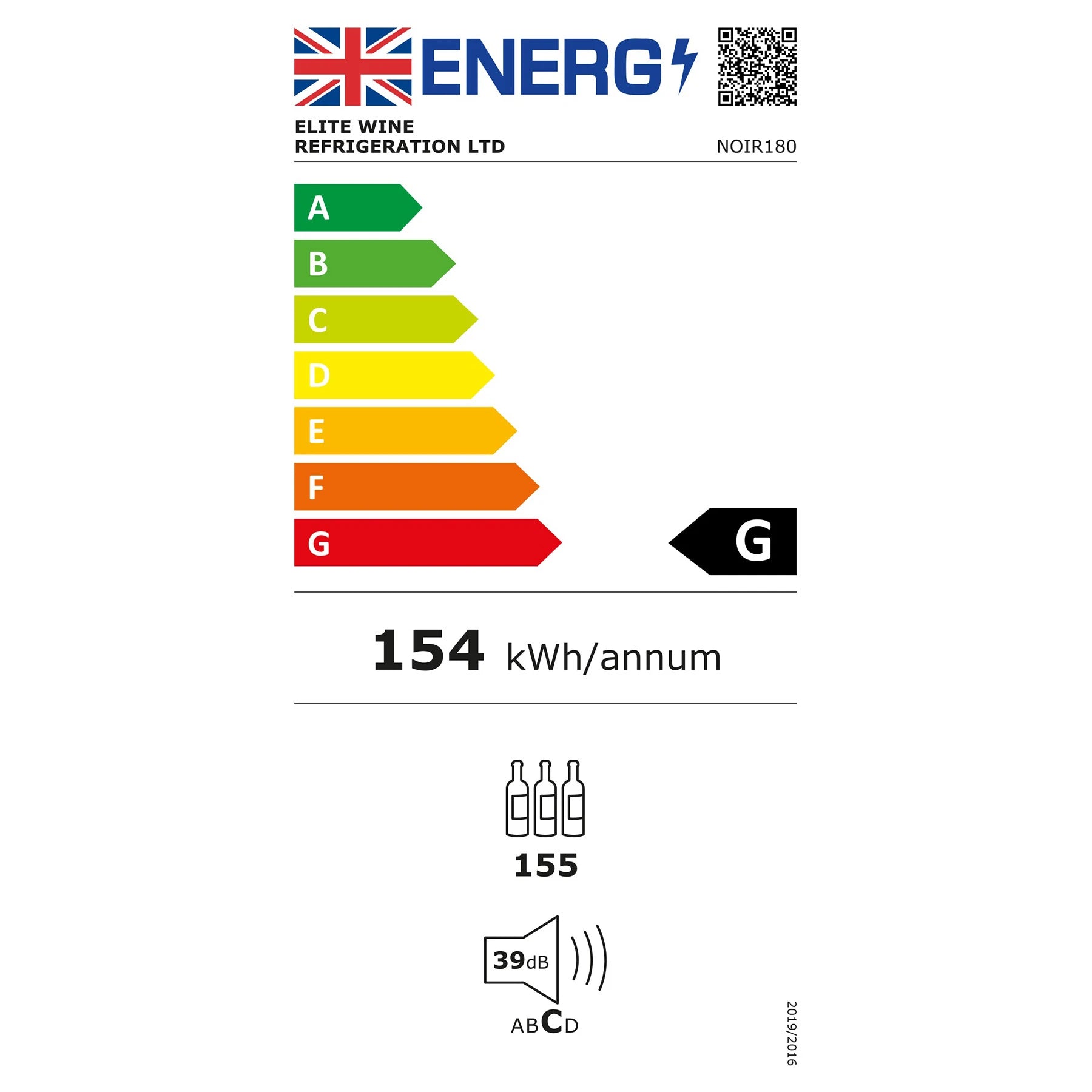 Etiqueta energética da cave de vinho ClimaVin Noir180, classe G, 154 kWh por ano e 39 dB