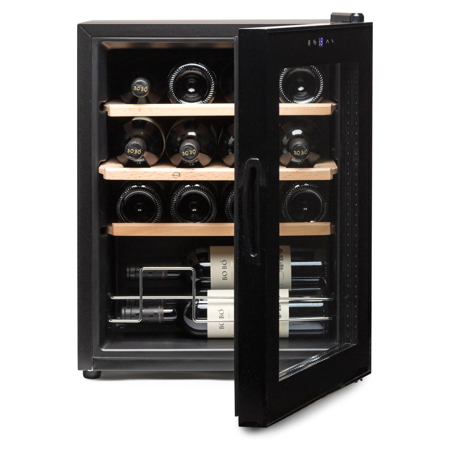 Cave de vinho Vinobox V16 Pro preta com compressor e sistema antivibração.