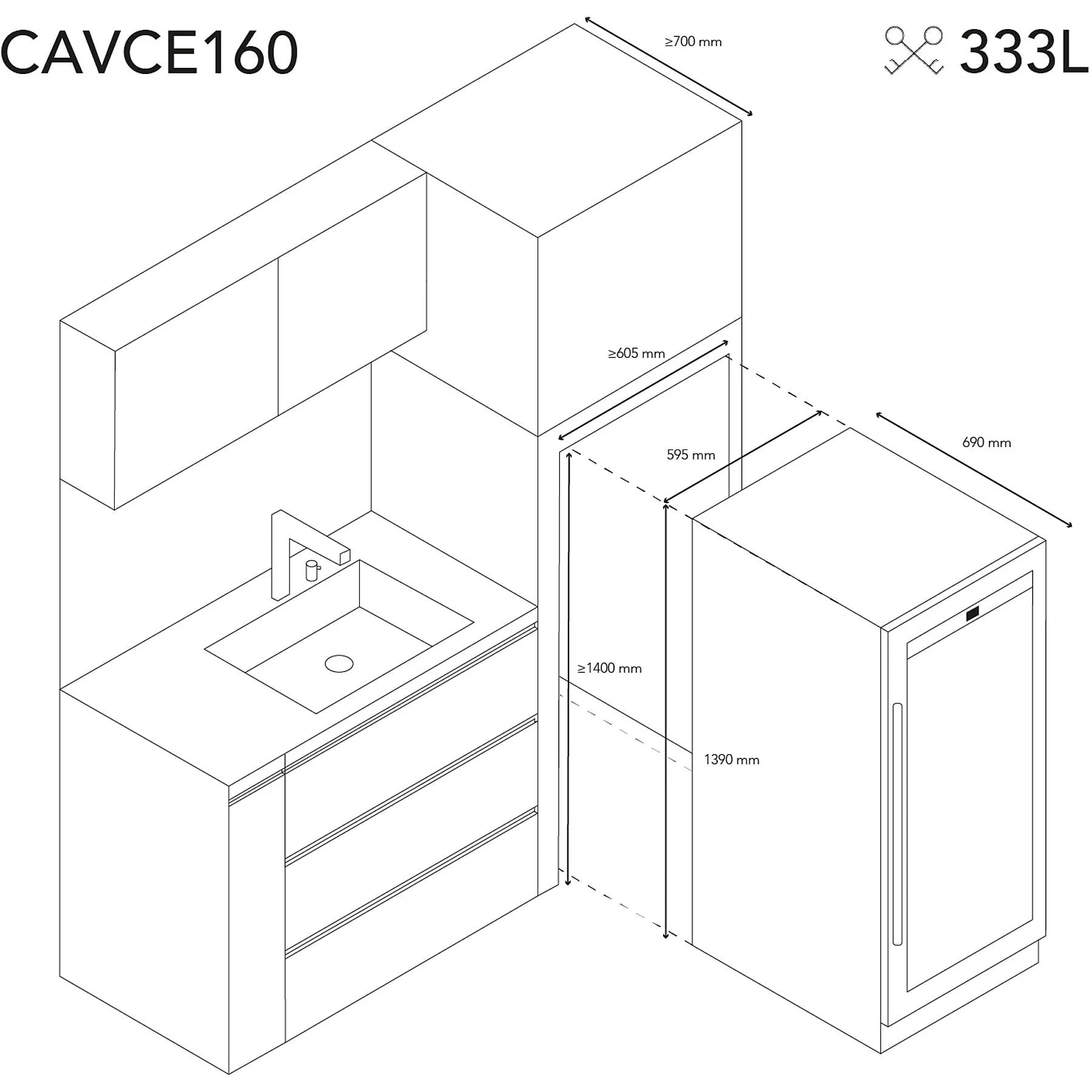 Instalação encastrável da cave de vinho Les Petits Champs CAVCE160 em coluna.