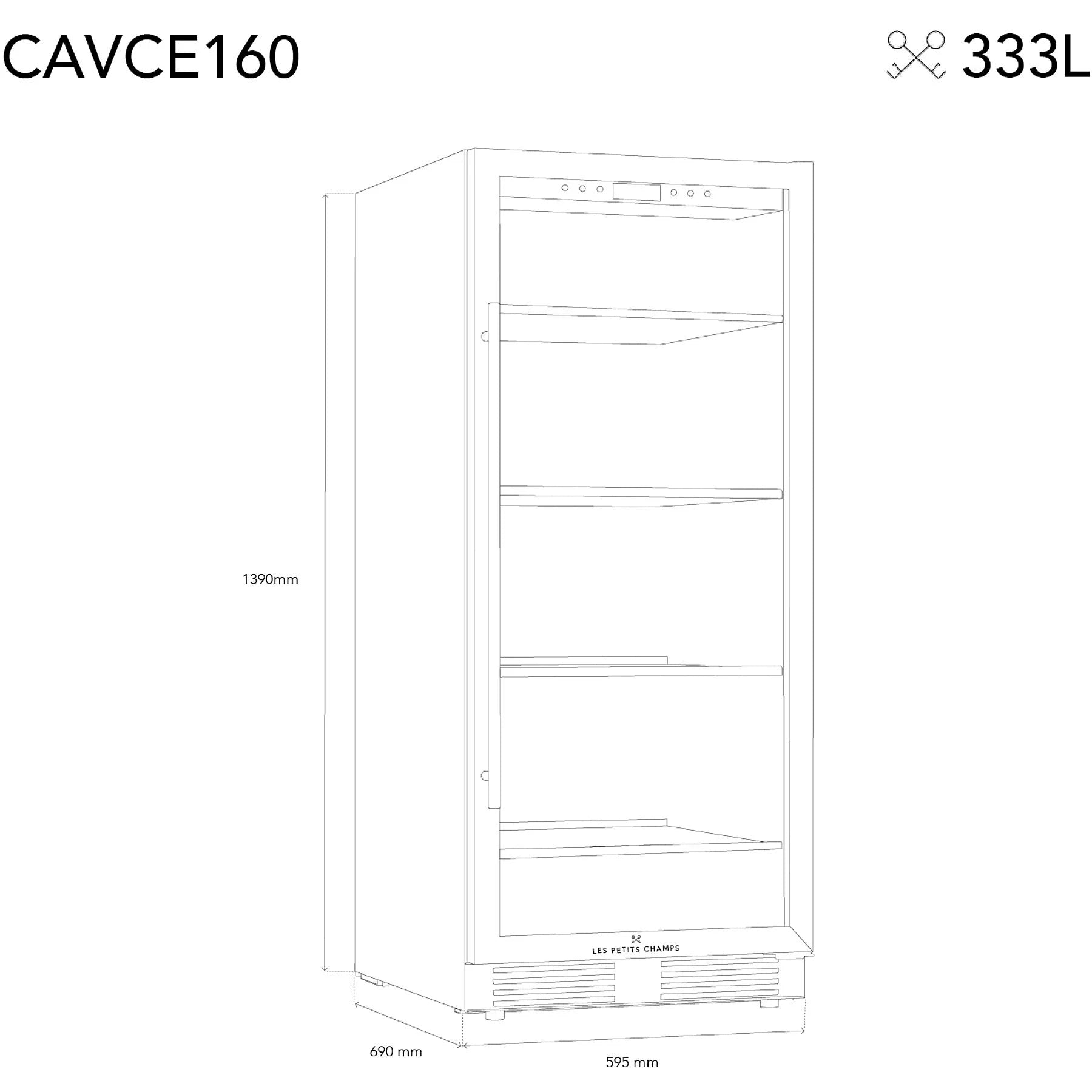 Medidas da cave de vinho Les Petits Champs CAVCE160 com 59,5 cm de largura, 69 cm de profundidade e 139 cm de altura.
