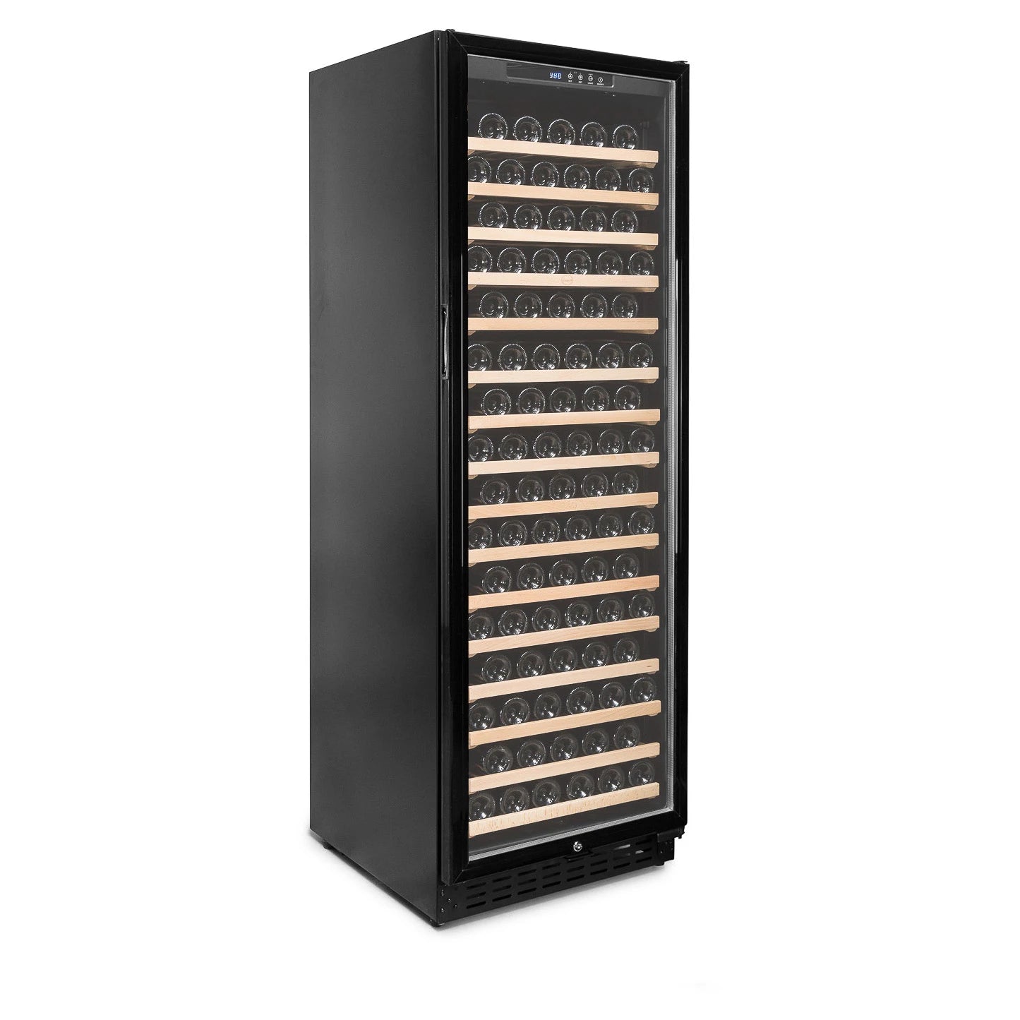 Interior da cave de vinho Vinobox V168 GC 1T Black com 16 prateleiras de madeira.