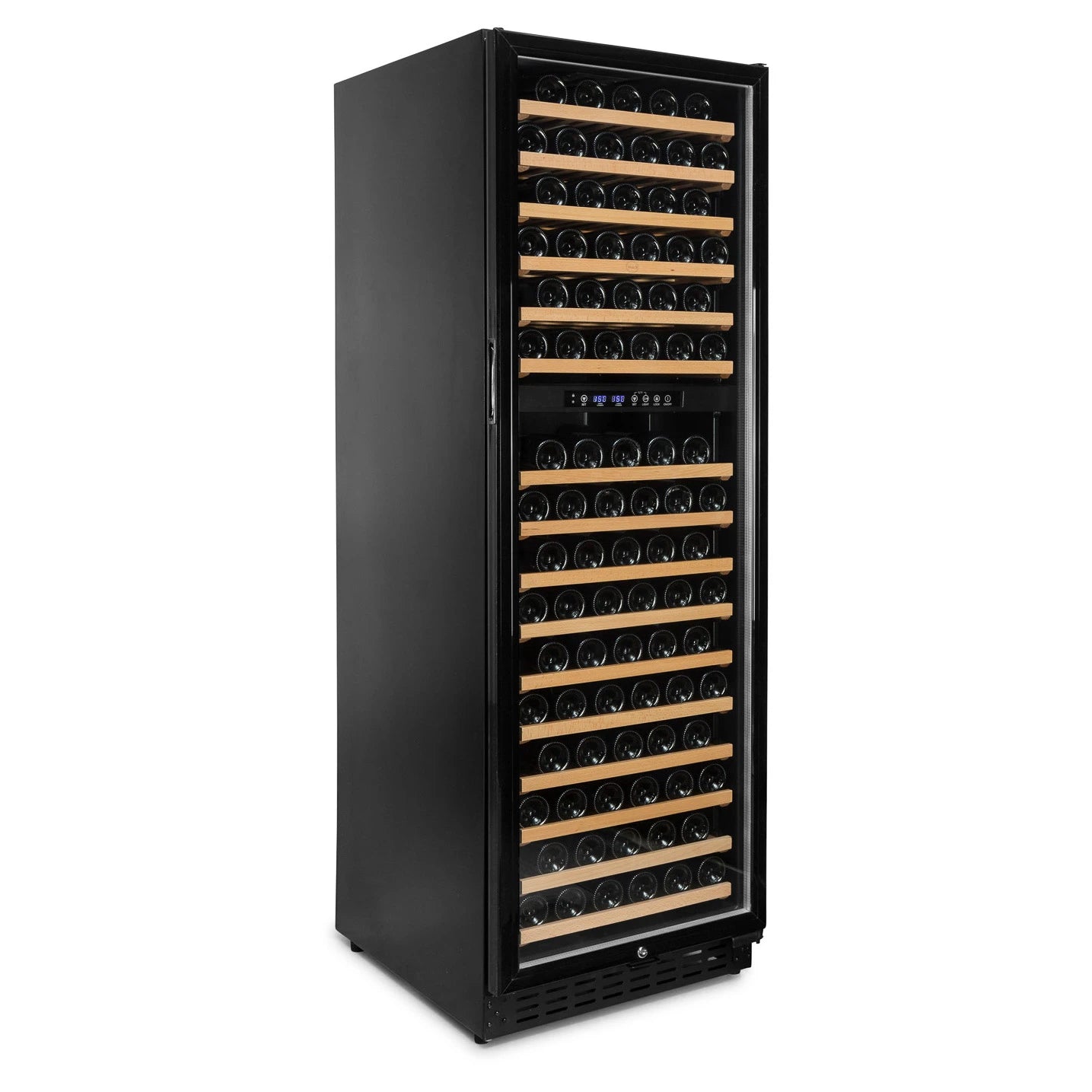 Interior da cave de vinho Vinobox V168 GC 2T Black com 16 prateleiras de madeira.