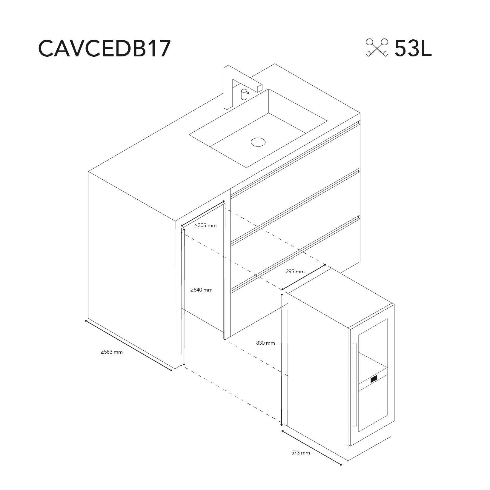 Instalação da cave de vinho Les Petits Champs CAVCEDB17 encastrável sob bancada.