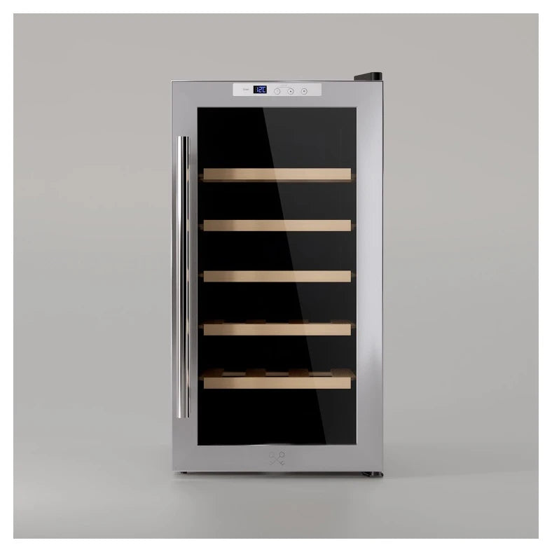 Cave de vinho 18 garrafas Les Petits Champs CAVC18 compacta com porta de vidro e acabamento em inox.