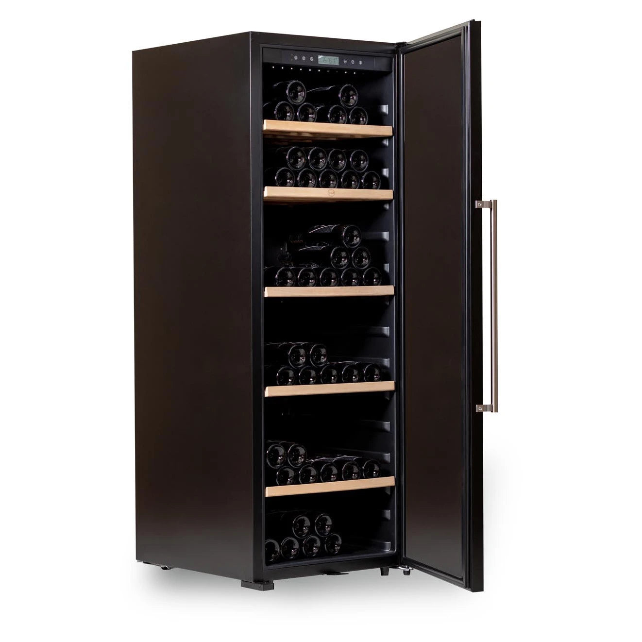 Interior da cave de vinho Vinobox V192 PRO Aging com prateleiras de madeira.