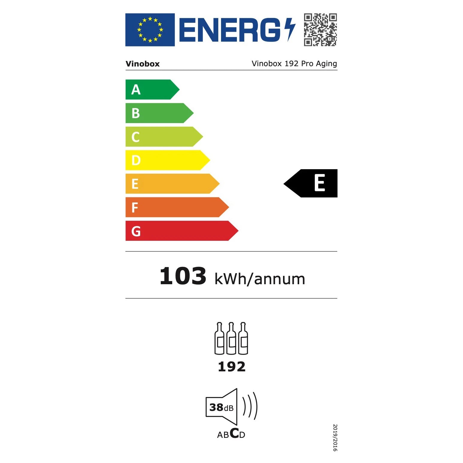 Etiqueta energética da cave de vinho Vinobox V192 PRO Aging com classe E e consumo anual de 103 kWh.
