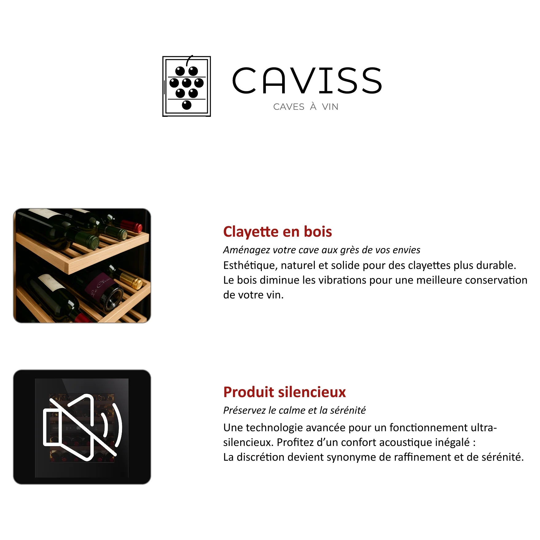 Infografia da cave de vinho Caviss CT1E24H45N60: prateleiras em madeira e funcionamento silencioso
