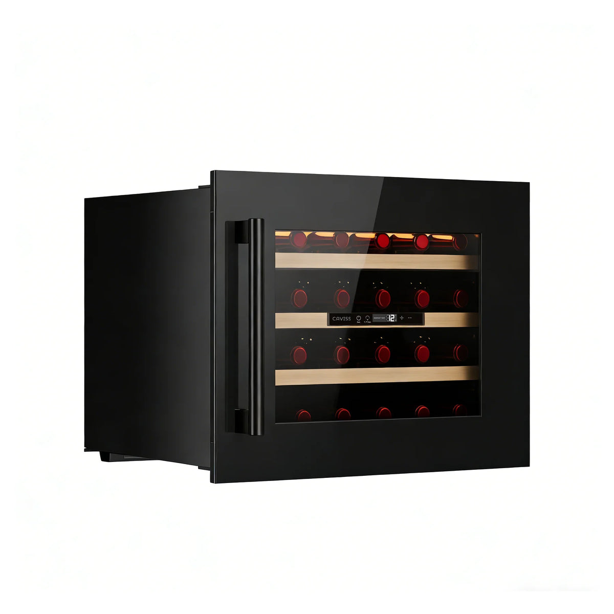 Cave de vinho Caviss CT1E24H45N60 fechada, vista de três quartos com as garrafas visíveis