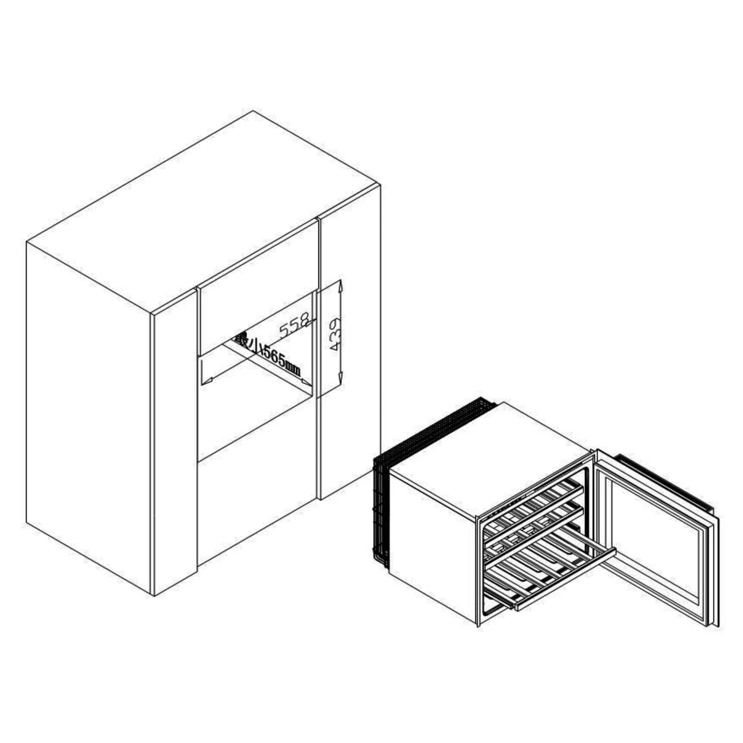 Detalhe da cave de vinho Vinobox V24 Design Inox com display digital e luz interior.
