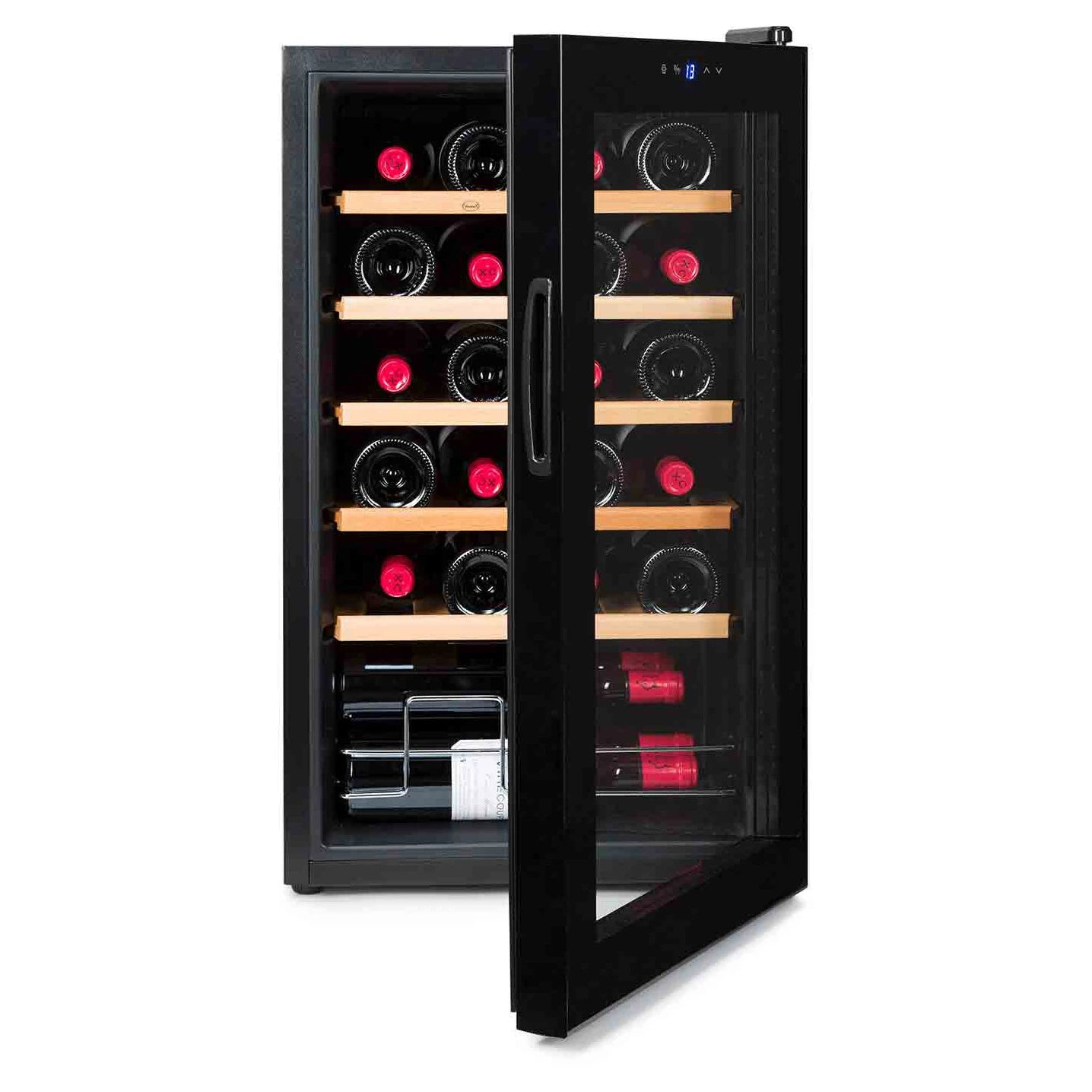 Cave de vinho Vinobox V24 Pro com cinco estantes de madeira extraíveis e gaveta inferior.