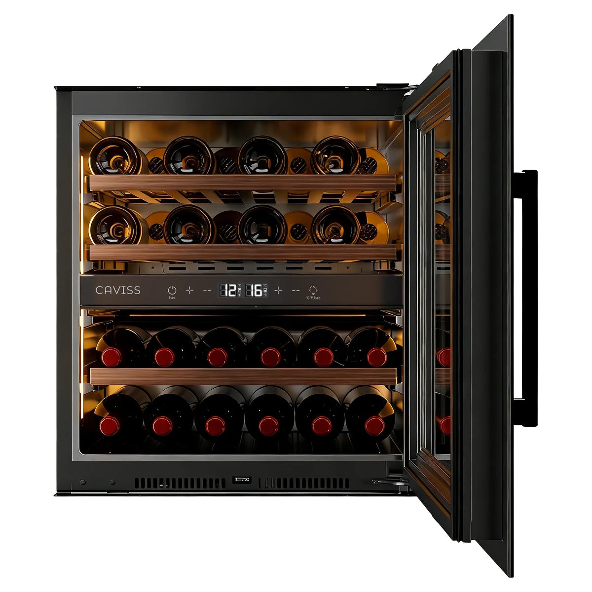 Cave de vinho Caviss CT2E28H60N60 aberta, vista de três quartos com as duas zonas cheias