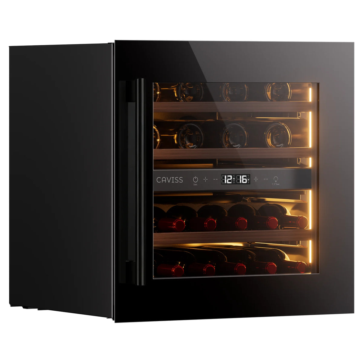 Cave de vinho Caviss CT2E28H60N60 fechada com garrafas visíveis através da porta de vidro