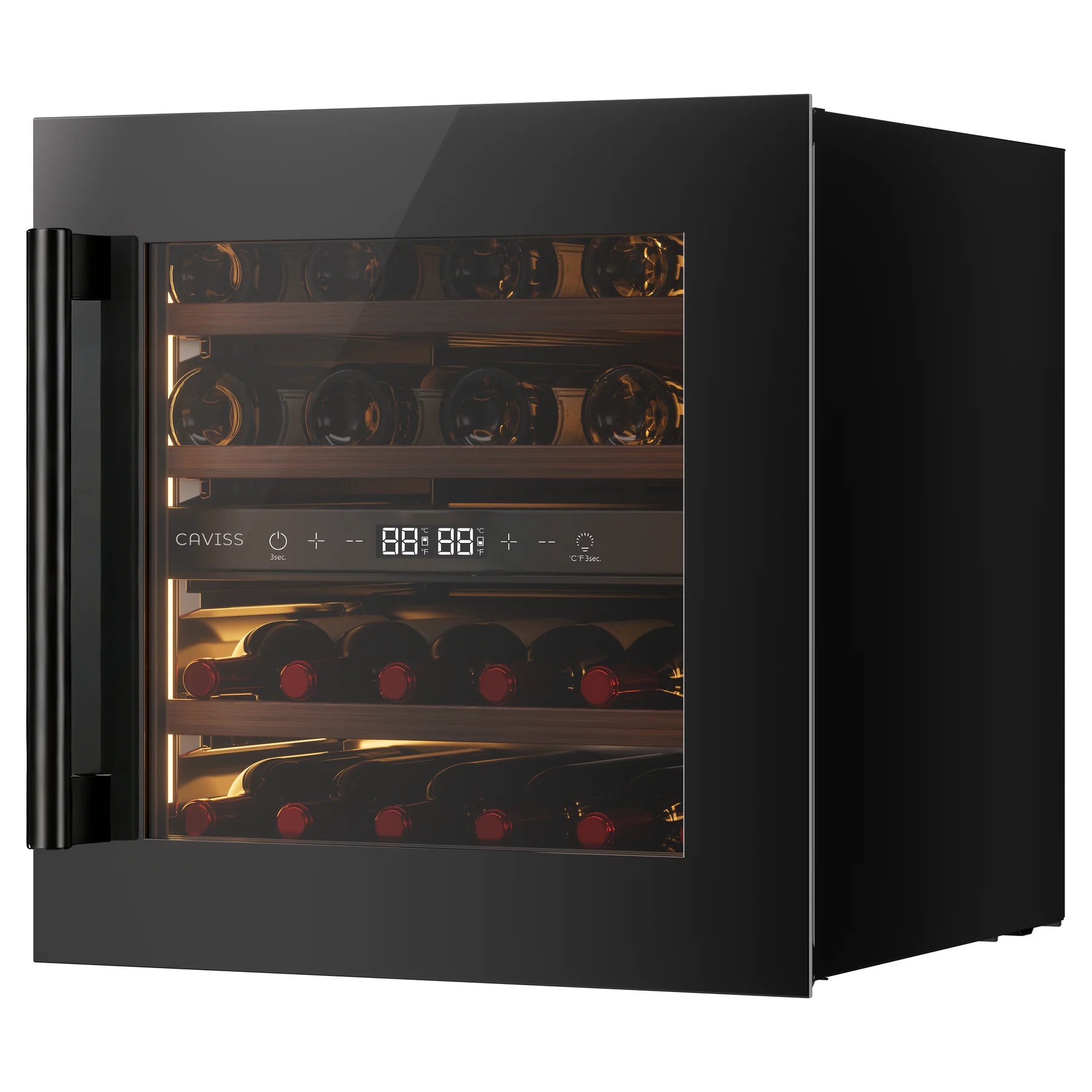 Cave de vinho Caviss CT2E28H60N60 fechada, vista de três quartos com o ecrã LED das duas zonas