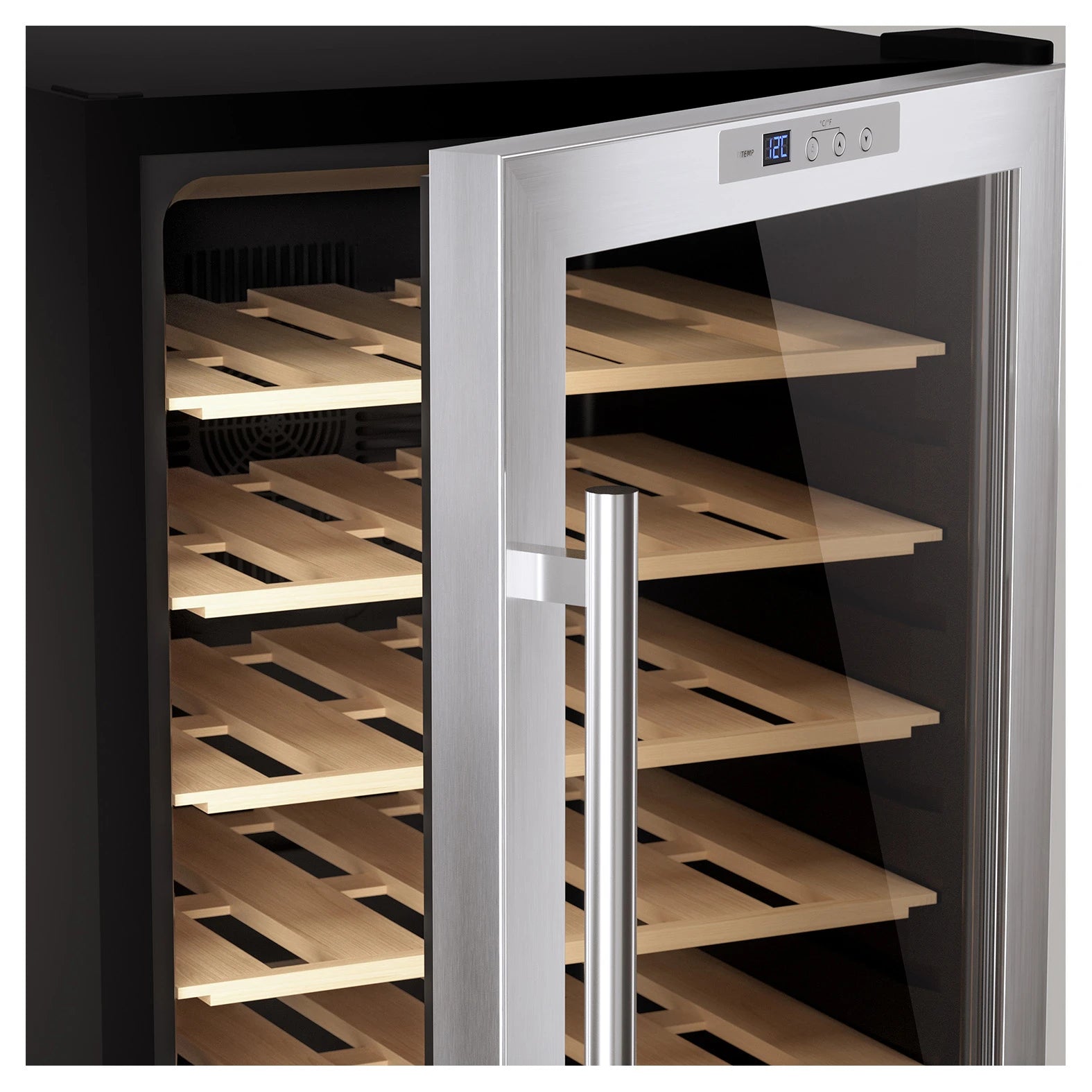 Cave de vinho Les Petits Champs CAVC28 com controlo digital e conservação entre 11 e 18 ºC.