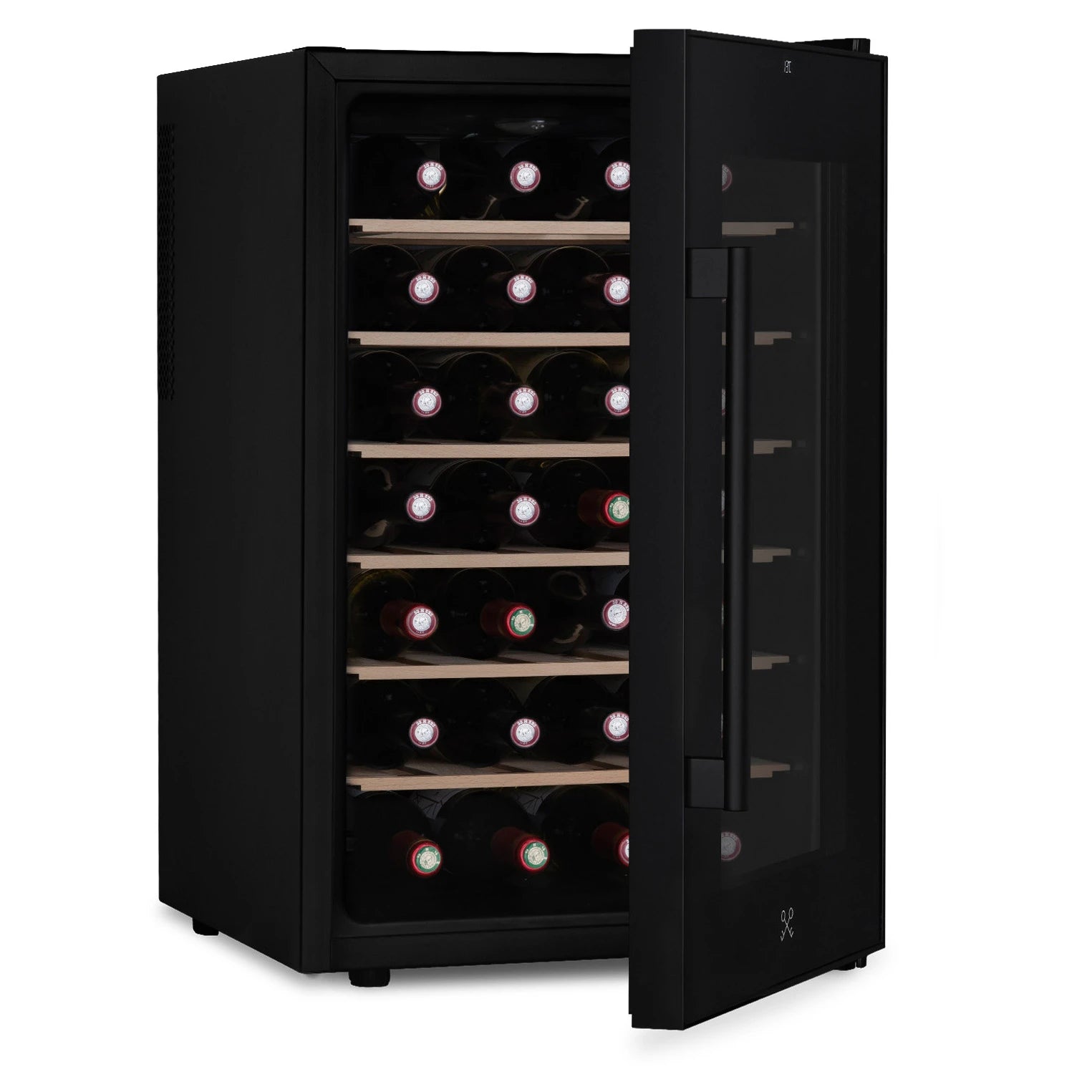 Interior da cave de vinho CAVCB28 Black com prateleiras para 28 garrafas.