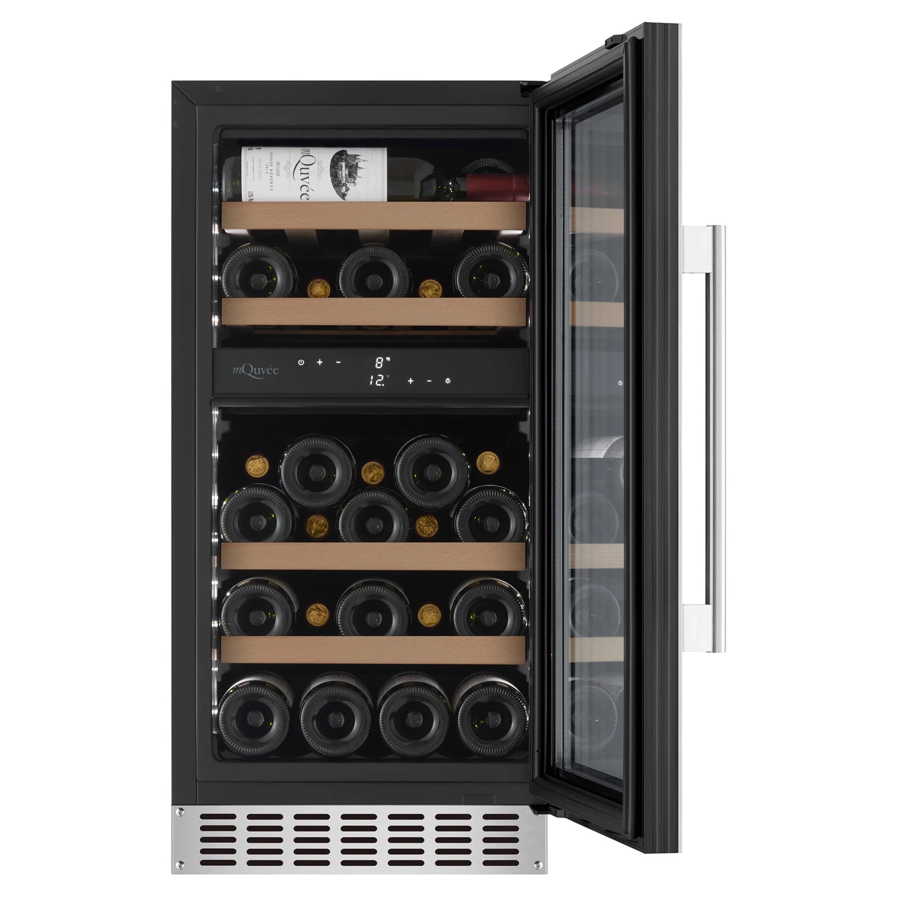 Detalhe da cave de vinho mQuvée WineCave 700 40D Stainless com display e controlo tátil.