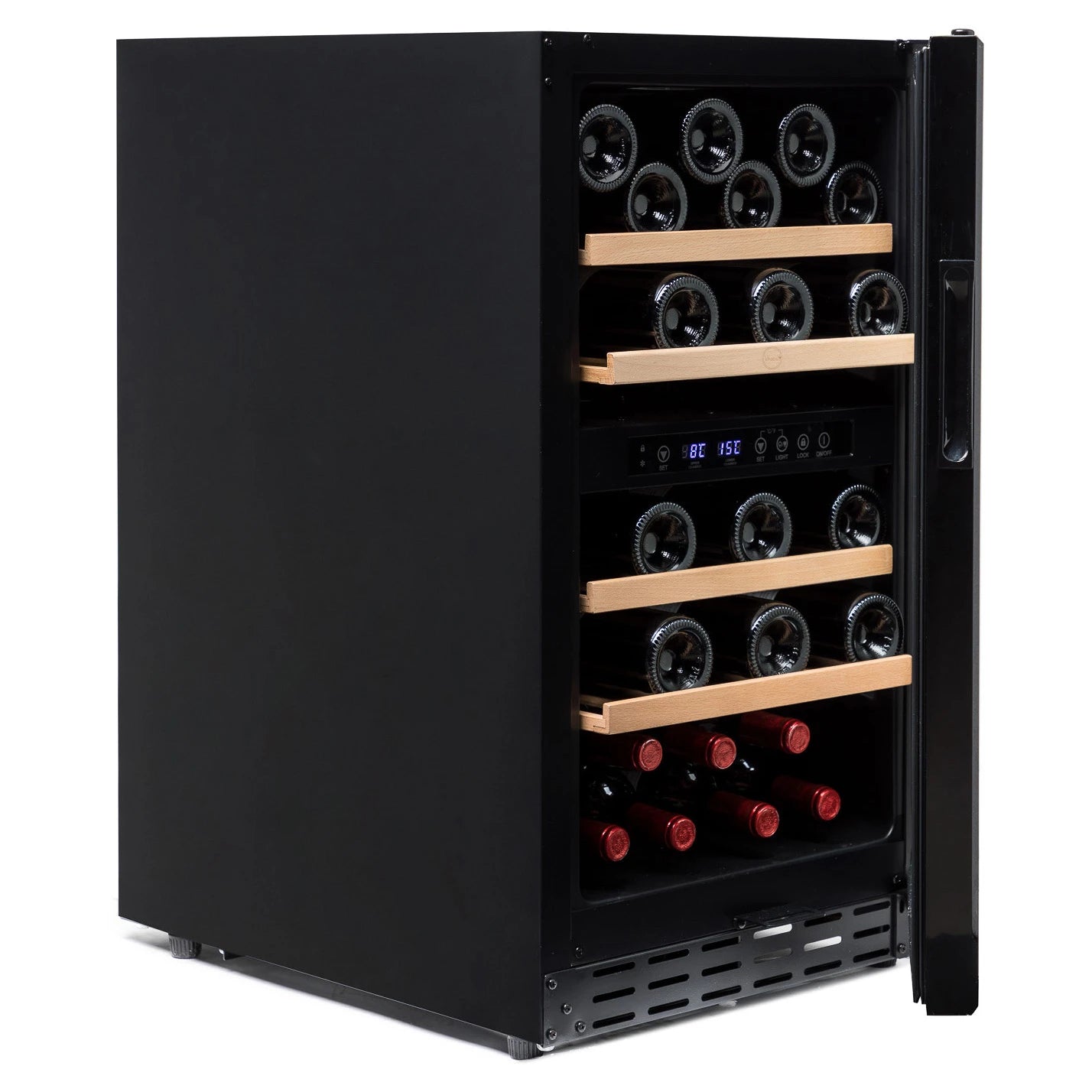 Interior da cave de vinho Vinobox V40 GC 2T Black com quatro estantes de madeira removíveis.