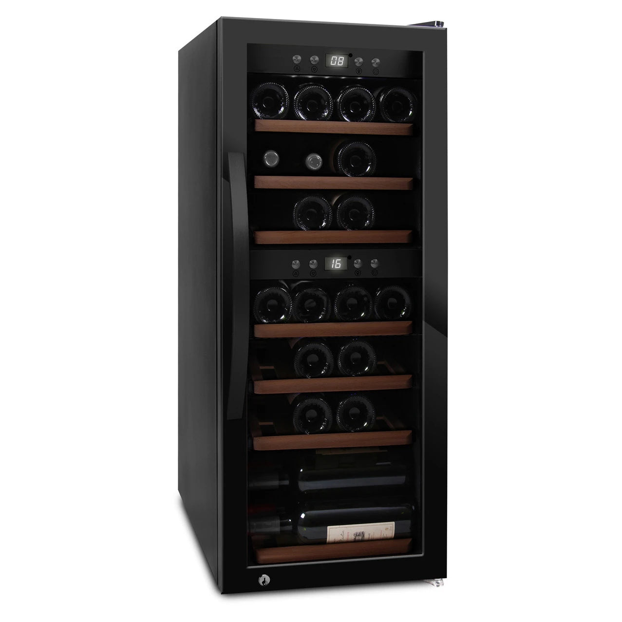 Cave de vinho mQuvée WineExpert 38 Fullglass Black aberta com prateleiras de madeira.
