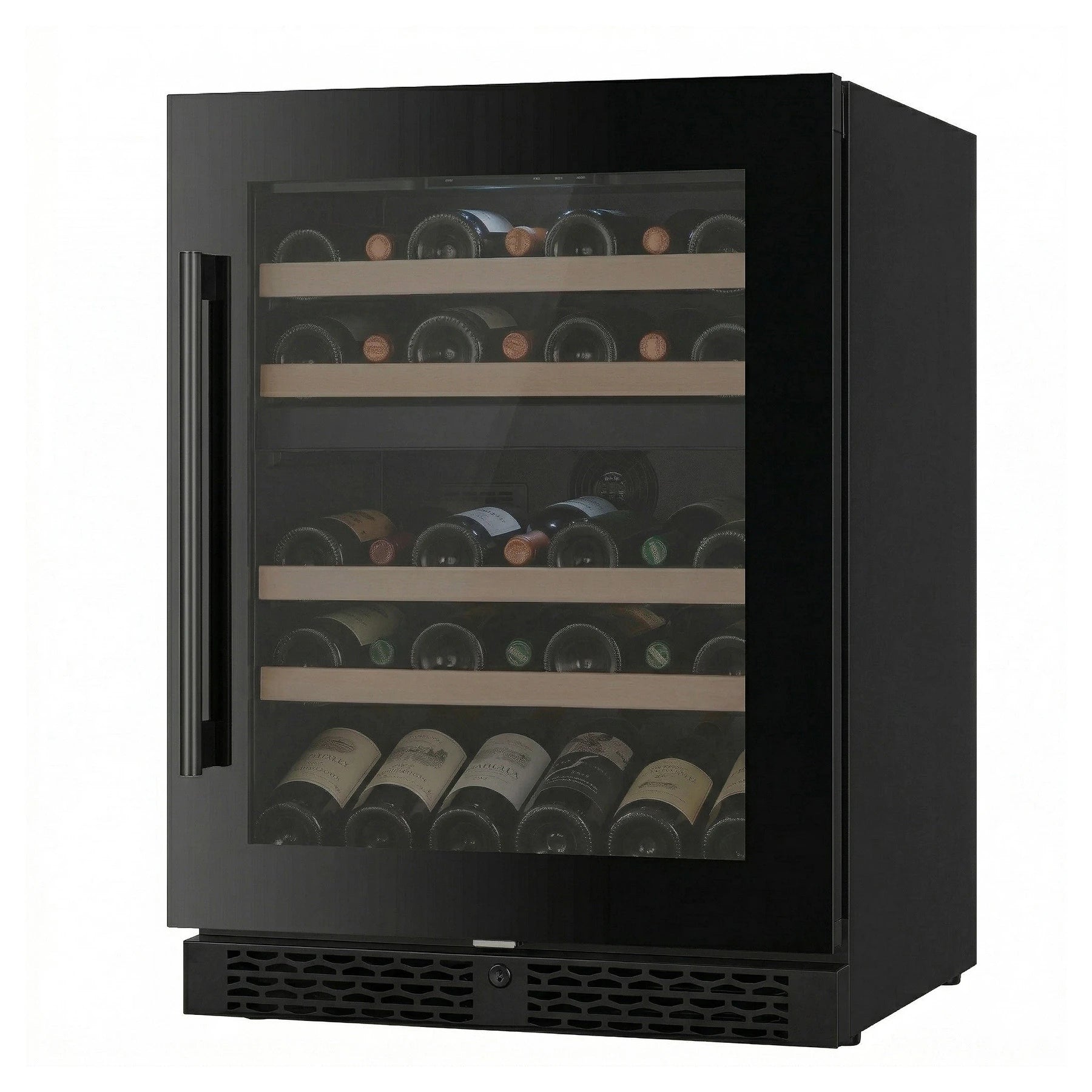 Cave de vinho ClimaVin Noir59 vista de três quartos com a porta de vidro preto fechada