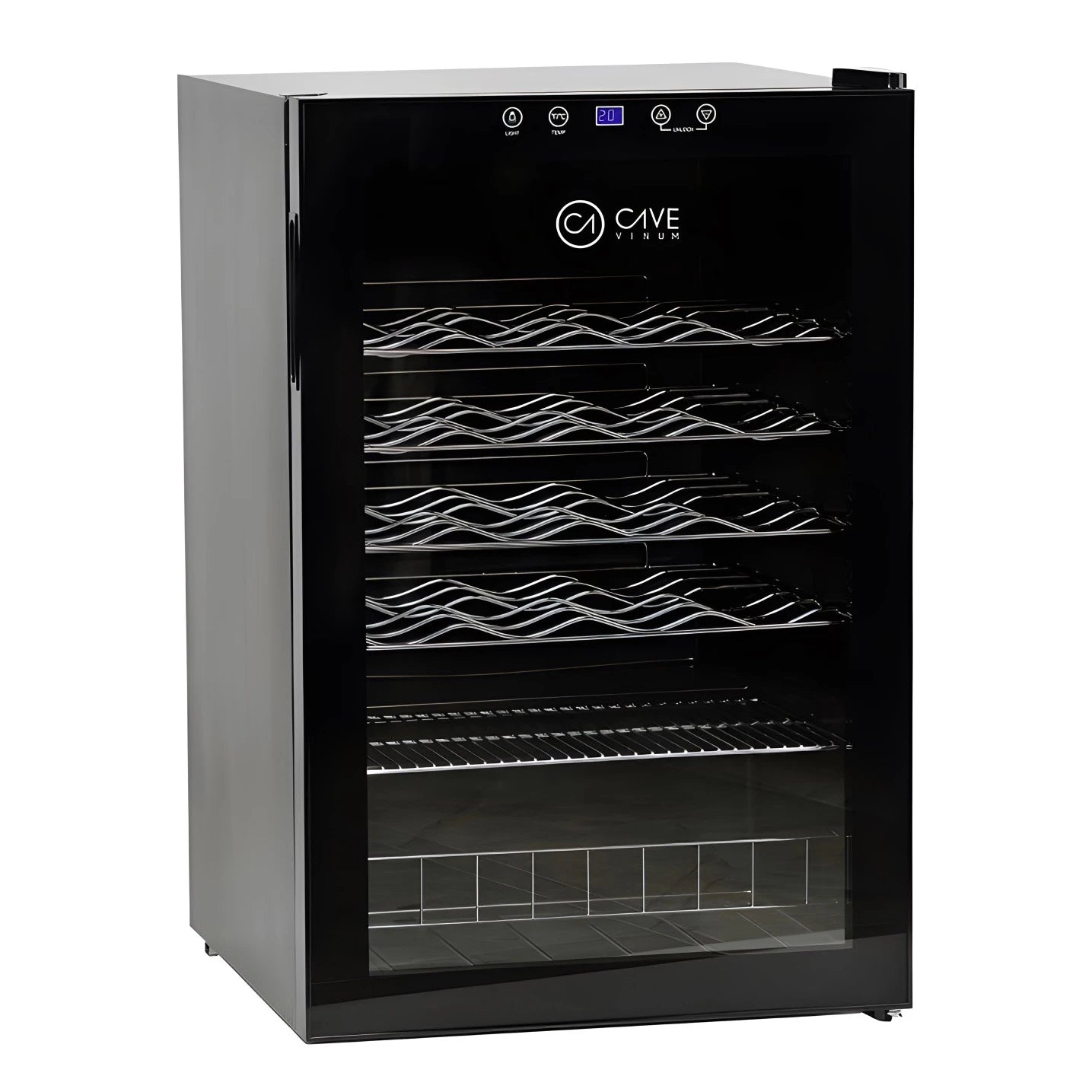 Detalhe da cave de vinho Cave Vinum CV-40-C com display digital, vidro duplo anti-UV e capacidade para 40 garrafas.