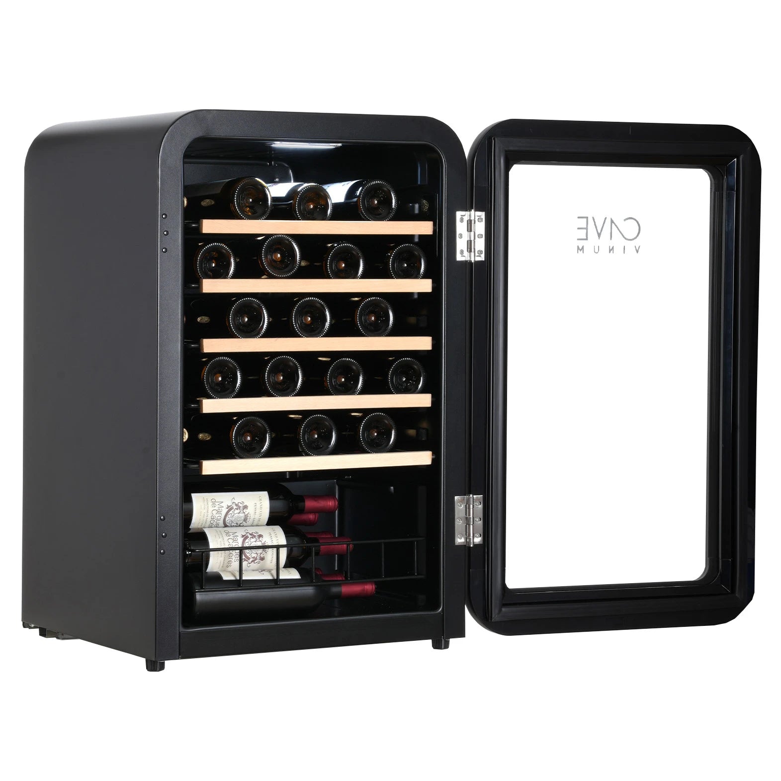 Detalhe da Cave Vinum CV-45-R com porta de vidro triplo, acabamento preto e design retro arredondado.