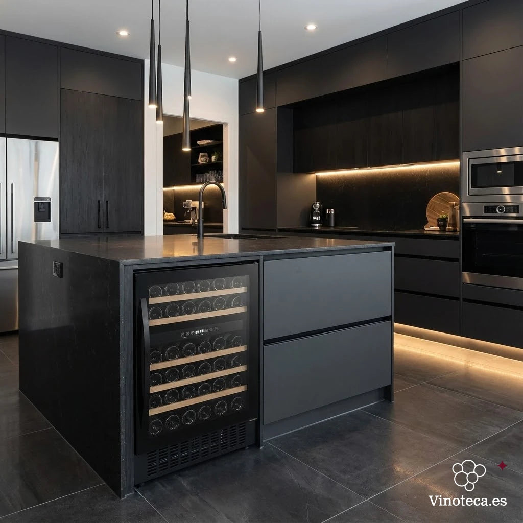 Cave de vinho Caviss CLEN246TBE4 integrada em cozinha moderna com porta de vidro preto.