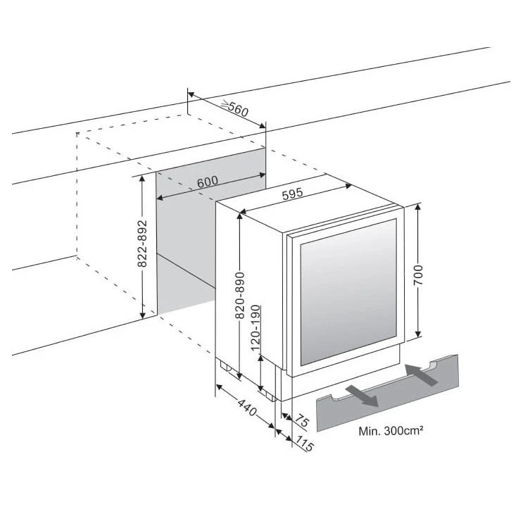 Cave de vinho mQuvée WineCave 700 60D Stainless de 700 mm de altura de porta.