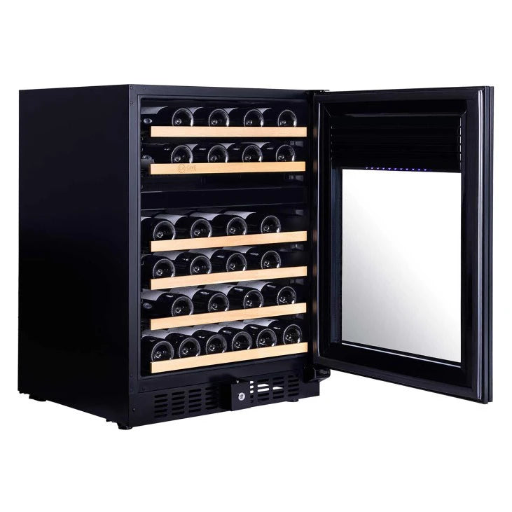 Interior da cave de vinho Cave Vinum CV-46-BL 2T PREMIUM com dupla zona, iluminação LED e capacidade para 46 garrafas.