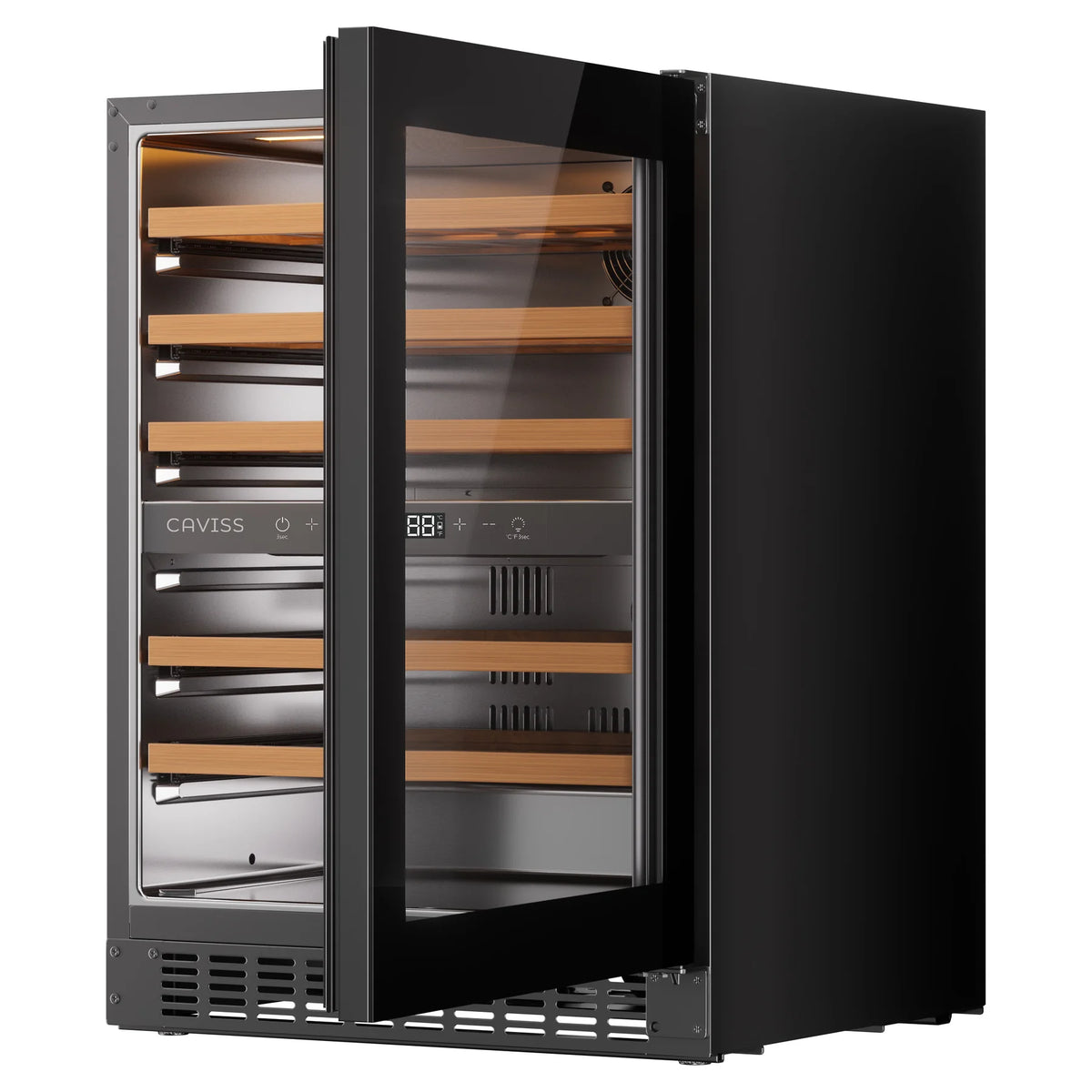 Interior da cave de vinho Caviss CT2SP46H82N60 com as prateleiras em madeira e o ecrã LED frontal