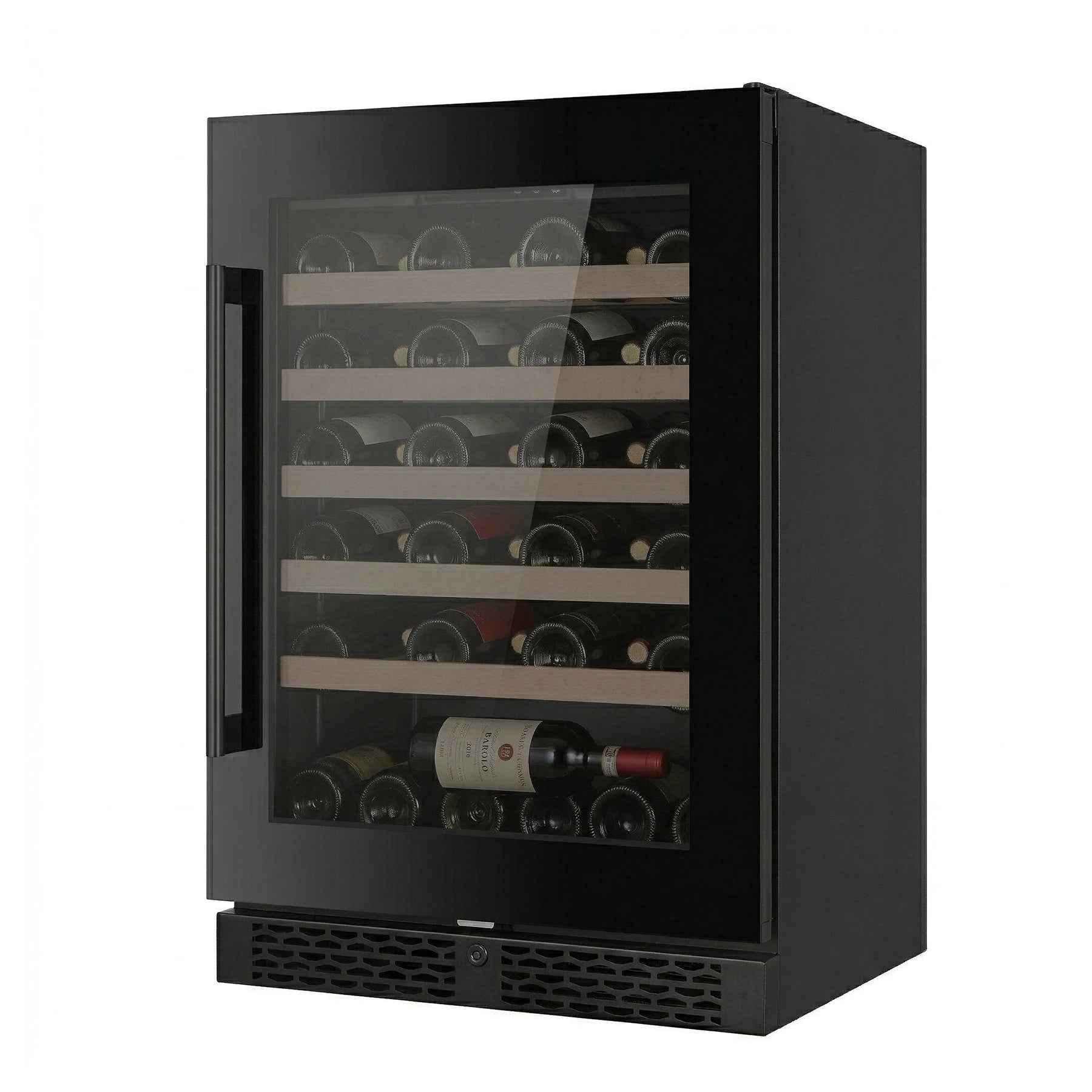 Cave de vinho ClimaVin Noir82 vista de três quartos com a porta de vidro preto fechada