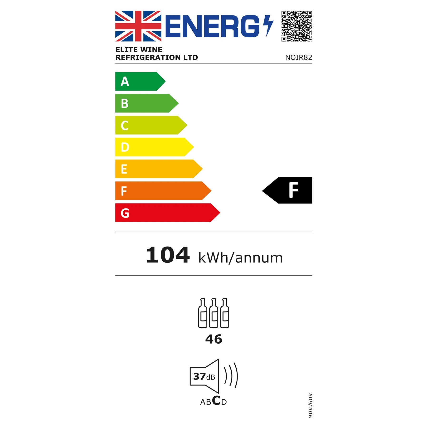 Etiqueta energética da cave de vinho ClimaVin Noir82, classe F, 104 kWh por ano e 37 dB