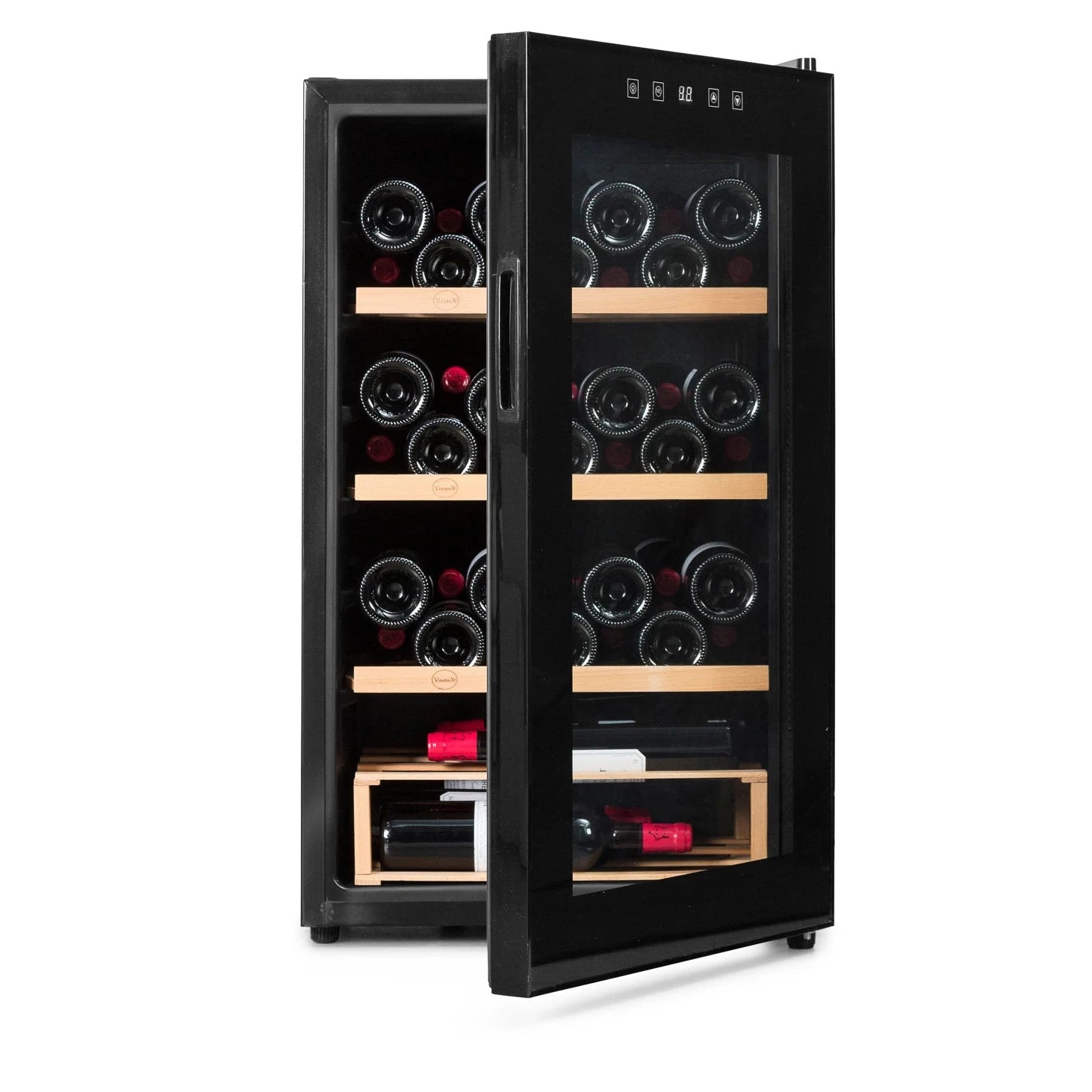 Cave de vinho Vinobox 48 Pro aberta com prateleiras de madeira e gaveta inferior.
