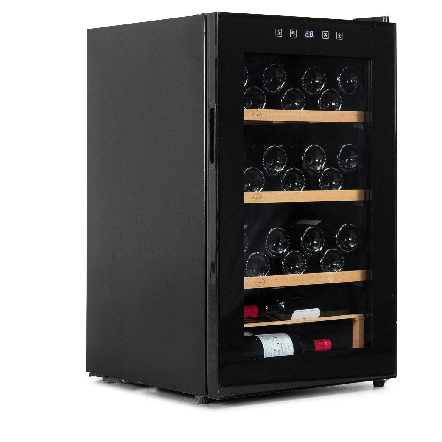 Vista lateral da cave de vinho Vinobox 48 Pro fechada com porta de vidro duplo.