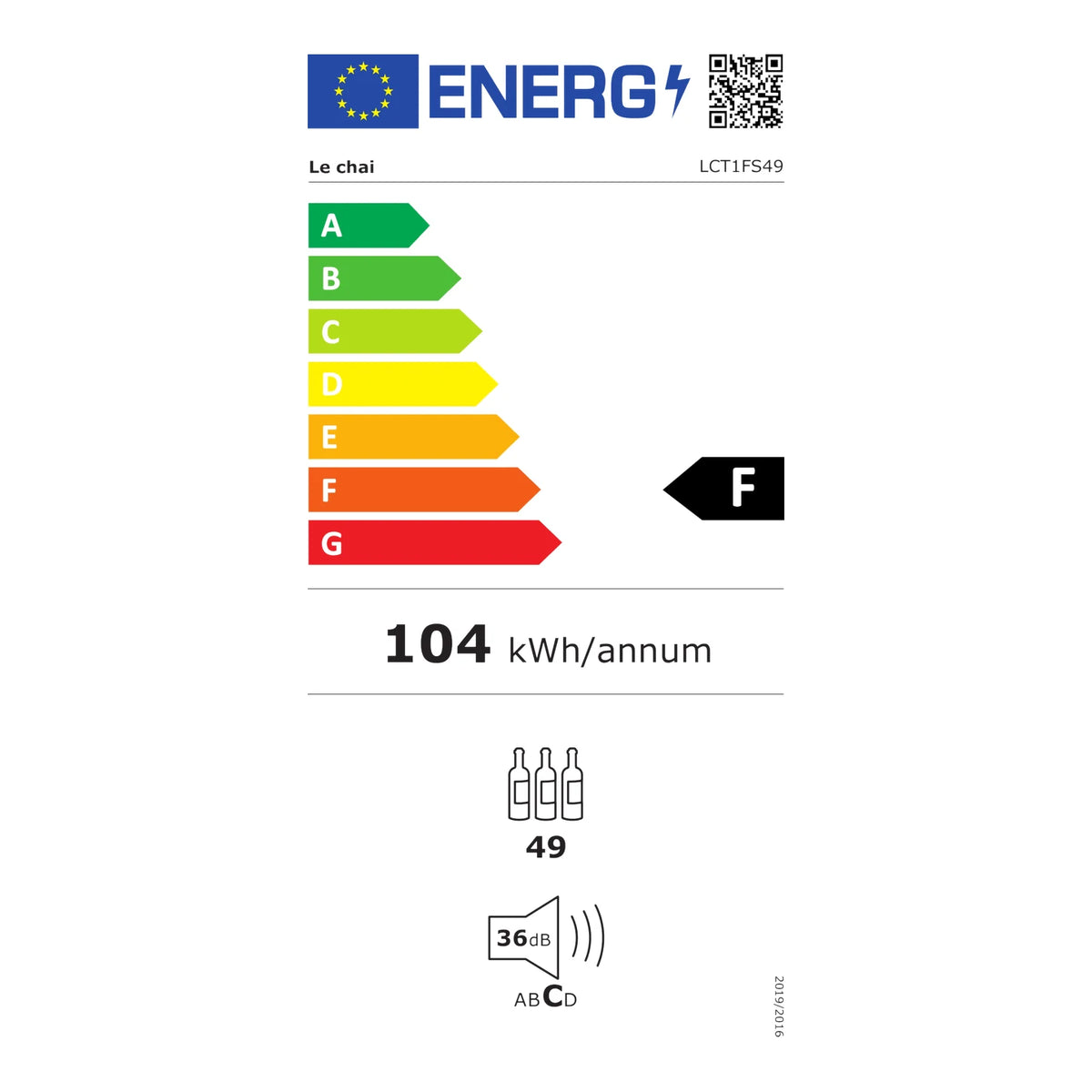 Etiqueta energética da cave de vinho Le Chai LCT1FS49, classe F.