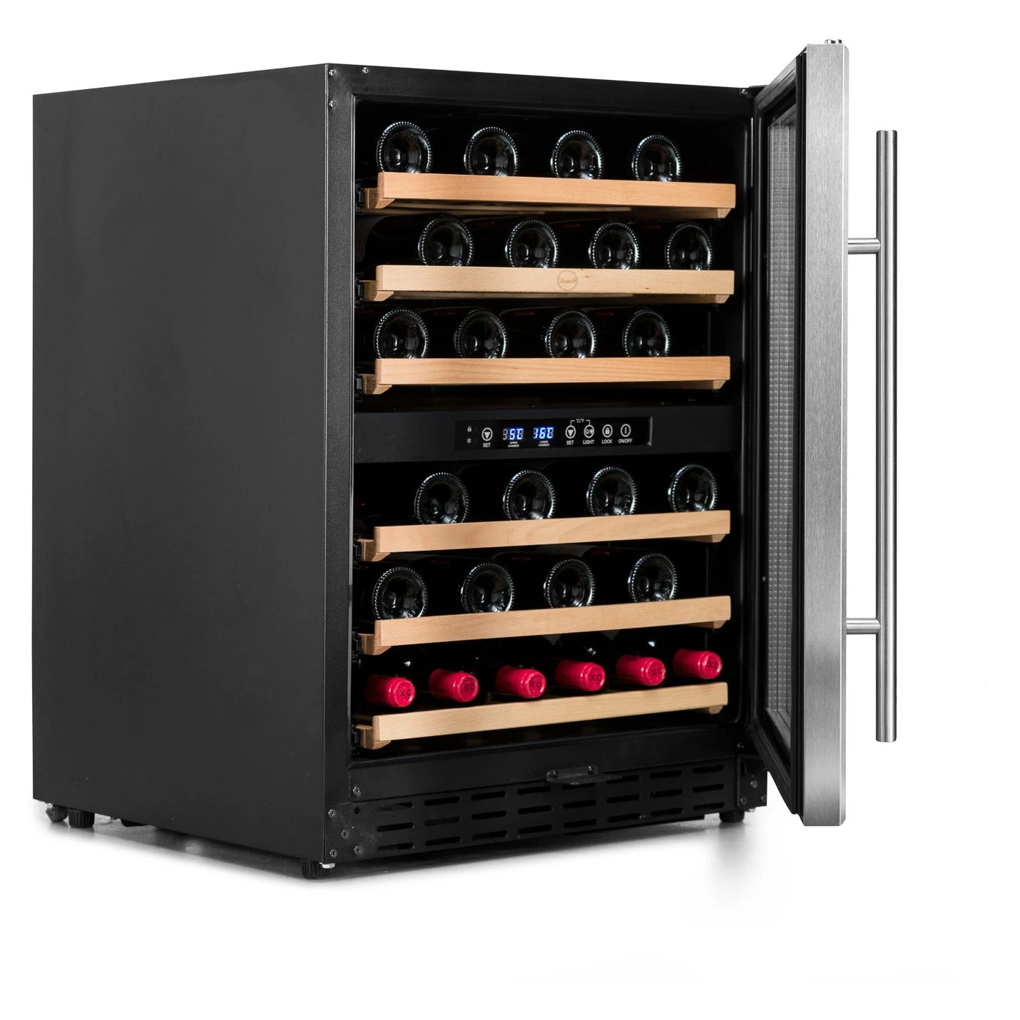 Cave de vinho Vinobox V50 GC 2T Inox com duas zonas de temperatura independentes.