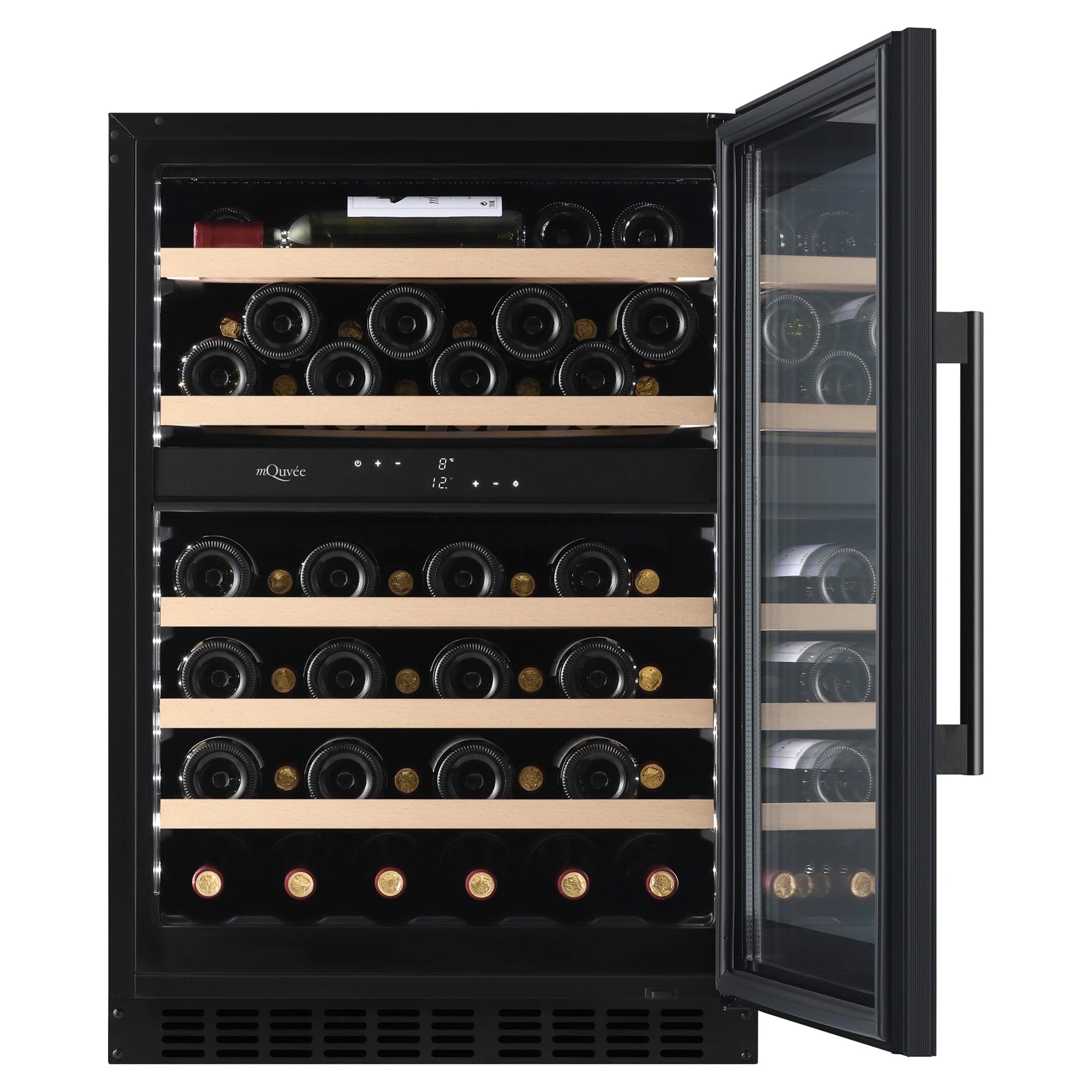 Cave de vinho mQuvée WineCave 800 60D Fullglass Black com duas zonas de temperatura.