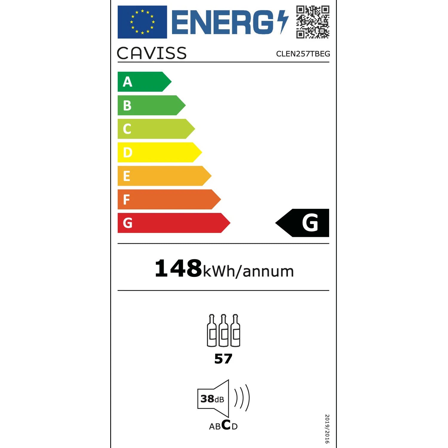 Etiqueta energética da cave de vinho Caviss CLEN257TBEG com classe G e consumo anual de 148 kWh.
